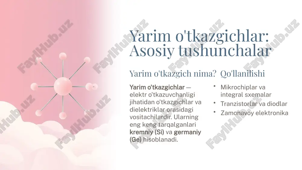 da purkaladi (pvd, cvd usullari). 6 yakuniy bosqich va himoyalash passivatsiya tayyor sxemani tashqi ta'sirlardan himoya qilish uchun si₃n₄ yoki polimer qoplamalar bilan yopiladi. testlash va sinovdan o'tkazish elektr xususiyatlari, oqim, kuchlanish, qarshilik, sig'im tekshiriladi. silliqlash va korpuslash chiplar individual holatda ajratiladi va metall yoki plastmassa korpusga joylanadi. 7 amaliy qo'llanilishi va nazorat elektronika tranzistor, diod, mikrochip, integral sxemalar. optoelektronika led, lazer diod, fotodetektor. energetika quyosh batareyalari (pv cell). avtomobilsozlik sensorlar, boshqaruv modullari. 8 texnologik nazorat usullari yarim o'tkazgichli quymalarning sifatini ta'minlash uchun zamonaviy tahlil usullari qo'llaniladi: 1 afm — yuzaning silliqligi atomic force microscopy orqali mikron darajasidagi notekisliklar aniqlanadi. 2 xrd — kristall struktura rentgen nurlaru yordamida kristall lattasi tekshiriladi. 3 hall effect — elektr xususiyatlari cv (capacitance-voltage) testlar bilan konduktivlik aniqlanadi. 9 xulosa yarim o'tkazgichli quymalar va plastinalarga ishlov berish — yuqori aniqlik, sof muhit (cleanroom) va avtomatlashtirilgan texnologiyalarni talab qiladigan murakkab jarayondir. har bir bosqich mikrosxemalarning yakuniy …