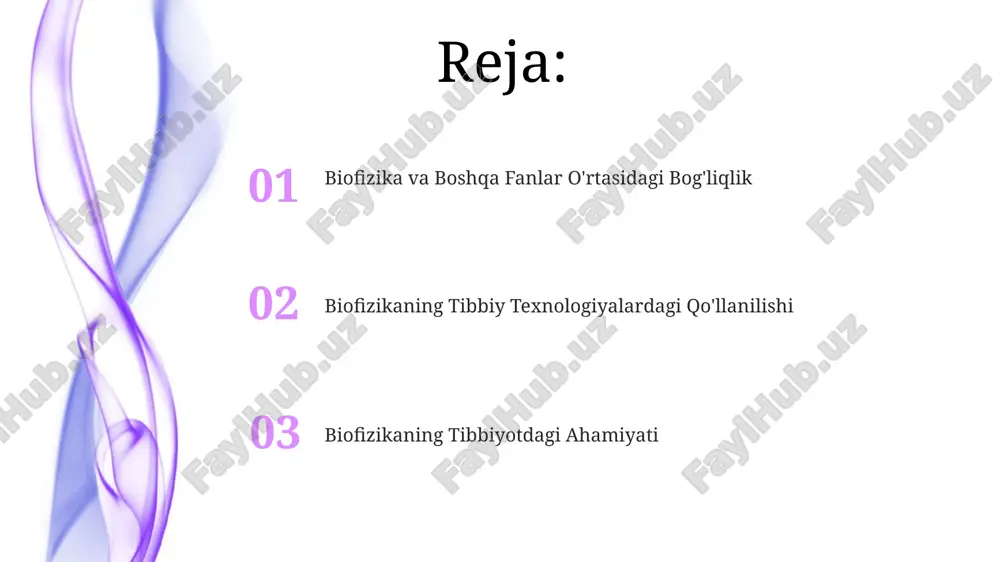 iforniya universitetida olib borilgan tadqiqotlar, 10 nanometrli o'lchamdagi hujayra tarkibiy qismlarini o'rganish orqali fiziologik funktsiyalarni chuqurroq tushunishga yordam berdi. biofizika yordamida o'tkazilgan 300 dan ortiq tajriba natijalari fiziologik jarayonlarning 70% gacha aniq matematik modellashtirishga imkon berdi, bu esa toshkentdagi kardiologiya markazida yangi davolash usullarini ishlab chiqishga yordam berdi. biofizikaning tibbiyotdagi ahamiyati biofizikaning hujayra membranalari orqali moddalarning tashilishi, 20 dan ziyod turdagi ion kanallarining faoliyati va 100 mikrometrdan kam diametrli qon tomirlaridagi qon oqimini o'rganish orqali, kardiologiya va nevrologiya kabi sohalarda yutuqlarga erishildi. biofizika yordamida, masalan, 30 dan ortiq turdagi saraton kasalliklarini aniqlash va davolashda ishlatiladigan magnit-rezonans tomografiya (mrt) kabi tibbiy tasvirlash texnologiyalari ishlab chiqilgan. bu texnologiyalar butun dunyo bo'ylab, jumladan o'zbekistonning yirik shaharlarida qo'llanilmoqda. biofizika va genetika o'rtasidagi munosabatlar biofizik usullar, jumladan, spektroskopiya va rentgen struktura tahlili, genetik kasalliklarning 20% dan ortig'ini tashkil etadigan oqsil konformatsion o'zgarishlarini aniqlash va shu orqali yangi davolash usullarini ishlab chiqishga yordam beradi, masalan, amerika …