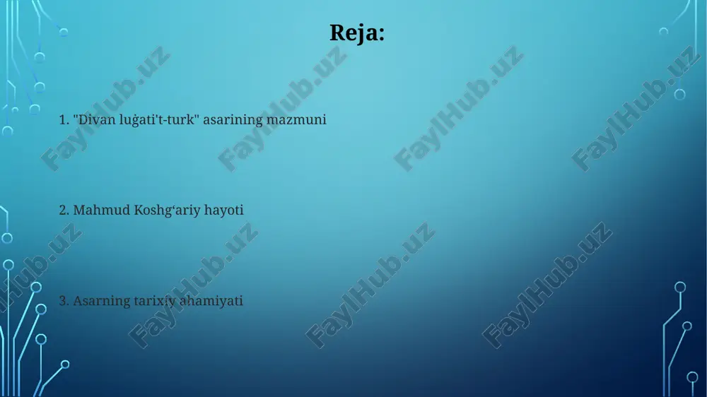 , bu esa oʻrta asr turkiy tillari tarixini oʻrganishda muhim ahamiyatga ega. koshgʻariyning jahon ilmiga qoʻshgan hissasi mahmud koshgʻariyning “devonu lugʻati-t-turk” asari 11-asrda yozilgan boʻlib, 7500 ga yaqin turkiy soʻz va iboralarni, shuningdek, turkiy xalqlarning geografik joylashuvini, madaniyatini oʻz ichiga olgan noyob ensiklopedik manba hisoblanadi. koshgʻariyning asari turkiy filologiyasi, tarixi va etnografiyasi uchun beqiyos ahamiyatga ega boʻlib, qadimgi uygʻur yozuvi bilan yozilgan va hozirgi kunda dunyoning koʻplab kutubxonalarida saqlanayotgan qoʻlyozmalar orqali oʻrganilmoqda. "divanü lugati't-turk"ning yaratilish tarixi "devonu lugʻati't-turk"ning 1072 yilda yozilishiga oid taxminlar, asarda keltirilgan ba'zi astronomik hisob-kitoblar va geografik joy nomlarining tahliliga asoslanadi. mahmud koshgʻariy "devonu lugʻati't-turk"ni 1072-1074 yillar oraligʻida, bagʻdod shahrida, seljuqiylar davrida yaratganligi tarixiy manbalarda tasdiqlanadi. geografiya va etnografiya maʼlumotlari asarda turkiy xalqlarning 8 ga yaqin turli-tuman tabiiy sharoitlarda yashayotgani, masalan, dasht, oʻrmon, togʻli hududlarning tavsifi bilan birga ularning hayot tarziga taʼsiri bayon etilgan. kitobda qora dengiz, xazar dengizi va aral dengizi boʻylaridagi turkiy xalqlarning geografik joylashuvi, …