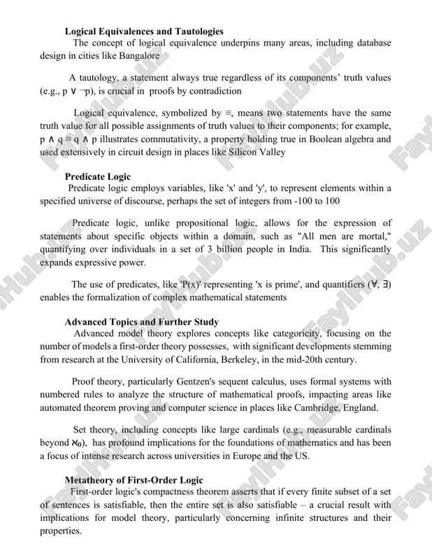 a tautology, a statement always true regardless of its components’ truth values (e.g., p ∨ ¬p), is crucial in proofs by contradiction logical equivalence, symbolized by ≡, means two statements have the same truth value for all possible assignments of truth values to their components; for example, p ∧ q ≡ q ∧ p illustrates commutativity, a property holding true in boolean algebra and used extensively in circuit design in places like silicon valley predicate logic predicate logic employs variables, like 'x' and 'y', to represent elements within a specified universe of discourse, perhaps the set of integers from -100 to 100 predicate logic, unlike propositional logic, allows for the expression of statements about specific objects within a domain, such as "all men are mortal," quantifying over individuals in a set of 3 billion people in india. this significantly expands expressive power. the use of predicates, like 'p(x)' representing 'x …