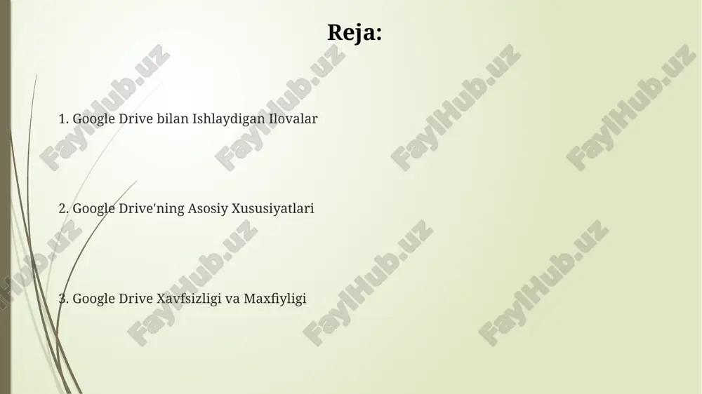 drive, google docs, sheets va slides kabi 30 dan ortiq ilovalarni o'z ichiga oladi, bu esa hamkorlikda ishlashni va loyihalarni birgalikda boshqarishni ancha osonlashtiradi. fayllarni saqlash va boshqarish google drive’da 10 gb gacha bo'lgan fayllarni bepul saqlash imkoniyati mavjud bo'lib, qo'shimcha xotira maydonini google one xizmati orqali 100 gb dan 2 tb gacha sotib olish mumkin. fayllarni turli xil formatlarda, shu jumladan .docx, .xlsx, .pptx, .pdf kabi keng tarqalgan formatlarda saqlash va boshqarish imkoniyati mavjud. bunday fayllarni dunyoning istalgan nuqtasidan, masalan, toshkentdan yoki london shaharlaridan kirish mumkin. google drive, 100 dan ortiq foydalanuvchi bilan birgalikda ishlash uchun fayllarni o'z ichiga olgan jamoa loyihalarini ta'minlaydi. bu esa 50 dan ortiq turdagi fayllarni samarali boshqarish imkonini beradi. e'tiboringiz uchun rahmat @taqdimot_robot