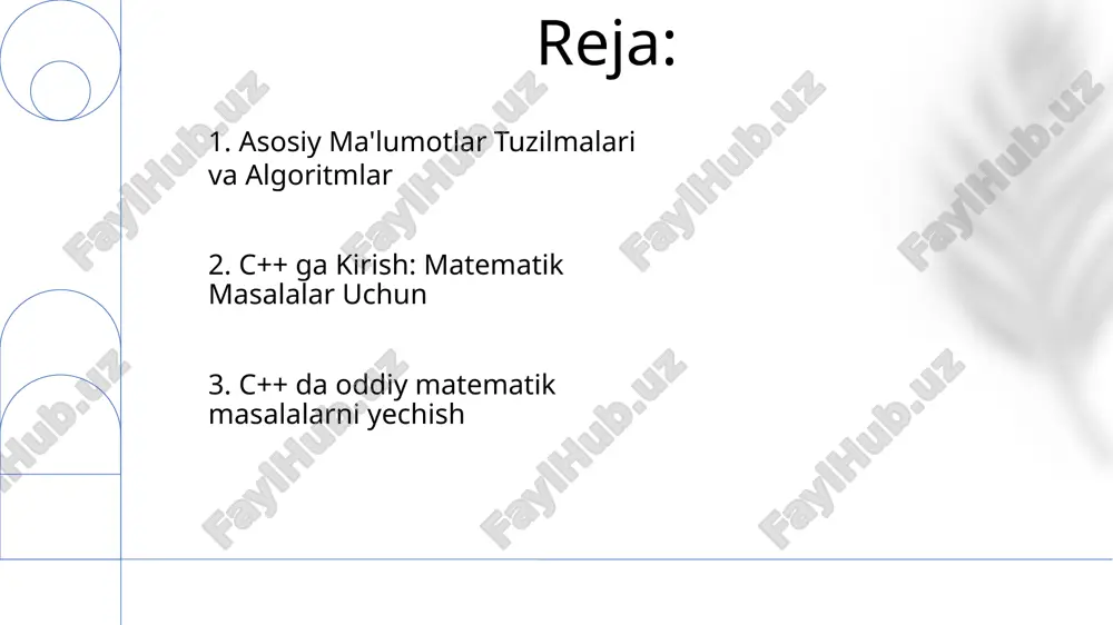 nishni optimallashtiradi. 6. kirish/chiqish operatsiyalari c++ kirish va chiqishni boshqarish, matematik amallarni amalga oshirish uchun kutubxonalar va sintaksisni taqdim etadi, bu esa uni turli xil dasturlash vazifalari uchun moslashtiradi. kirish/chiqish operatsiyalari: bu klaviatura yoki fayllar kabi tashqi manbalardan ma'lumotlarni o'qish va ekran yoki fayllar kabi chiqish joylariga ma'lumotlarni yozishni o'z ichiga oladi. 7. xatolikni tuzatish va sinovdan o'tkazish c++: murakkab matematik muammolarni hal qilish uchun ideal bo'lgan ko'p qirrali va samarali dasturlash tili. xatoliklarni topish va tuzatish: kodda xatolarni toping va tuzating, shu bilan u mo'ljallanganidek ishlayotganiga ishonch hosil qiling. 8. boshqaruv oqimi ko'rsatmalari c++ matematik amallar, jumladan, oddiy arifmetik, trigonometriya, logarifmlar va boshqalar uchun keng qo'llab-quvvatlashni ta'minlaydi. ` ` kabi kutubxonalar murakkab hisob-kitoblar uchun ixtisoslashgan funktsiyalarni taqdim etadi. kod bajarilish tartibini boshqarish operatorlari `if`, `else`, `for`, `while` va `switch` kabi tuzilmalarni ishlatib, bajarilish tartibini belgilaydi. 9. massivlar va ko'rsatkichlar massivlar va ko'rsatkichlar: massivlar uzluksiz xotira bloklari, ko'rsatkichlar esa ma'lumotlarning …