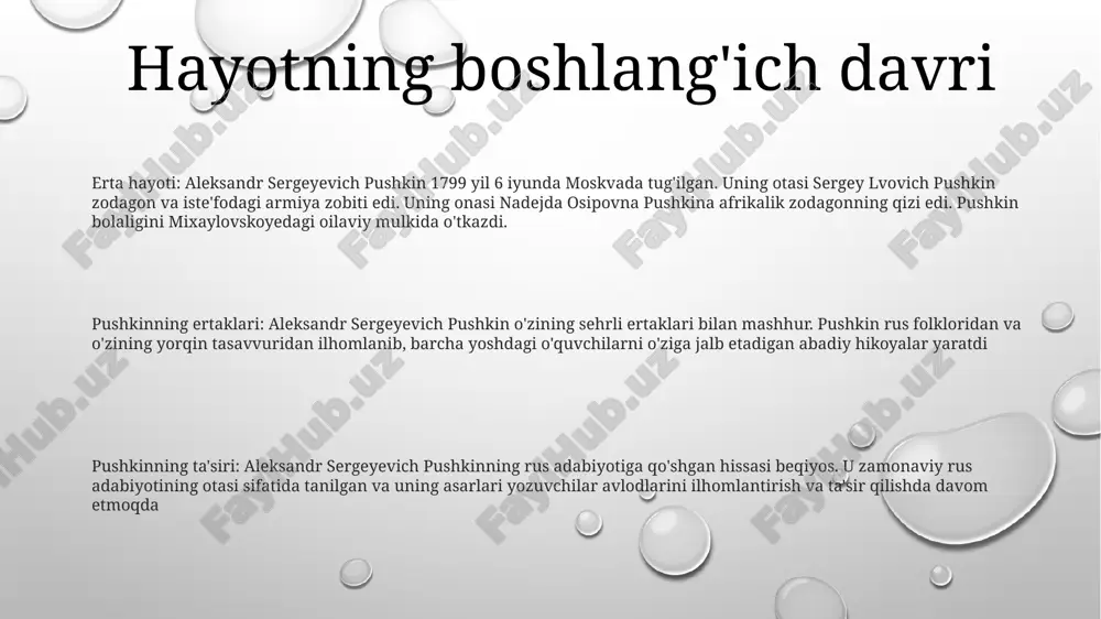 ilhomlantirishda davom etmoqda. tasavvurning lirik qo‘llanmasi: she’rning jozibali so‘zlari bizni turli sohalarga olib boradigan va ijodimizni ilhomlantiradigan qudratli kuch sifatida tasavvurning yorqin tasvirini chizadi. litsey yillari 1813-1817 yillarda yozilgan: pushkinning "litsey yillari" to'plami yosh zodagonlar uchun nufuzli maktab-internat - tsarskoye selo litseyida yozgan she'rlarini o'z ichiga oladi. yoshlik va do'stlik mavzulari: she'rlar yoshlik jo'shqinligi, do'stlik va yosh talabalarning intilishlarini o'rganadi. ular o'zlari tuzgan rishtalarni va erta hayotlarini shakllantirgan umumiy tajribalarini nishonlaydilar. avtobiografik elementlar: ko'pgina she'rlar litseyda pushkinning o'z davridagi voqealar va odamlardan ilhomlangan. ularda uning shaxsiy hayoti, she’riyat haqidagi fikrlari, kelajakka bo‘lgan umid va orzulari haqida qisqacha ma’lumot berilgan. romantik she'riyat pushkinning ta'siri: zamonaviy rus adabiyotining otasi hisoblangan aleksandr sergeyevich pushkin rossiyaga romantizmning kirib kelishida hal qiluvchi rol o'ynadi. uning "bolalar uchun ertaklari" uning ajoyib hikoya qilish qobiliyatini va injiq tasavvurini namoyish etadi. tarixiy kontekst: 18-asr oxiri va 19-asr boshlarida evropada sub'ektivlik, hissiyot va tasavvurni ta'kidlagan romantik she'riyat rivojlandi. barqaror …