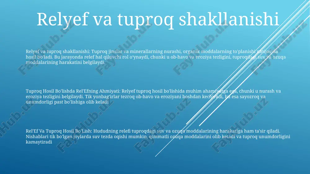 r suvning infiltratsiyasiga, oqishi va eroziyasiga ta'sir qiladi. tik qiyaliklar suvning tez oqimiga yordam beradi, yumshoq qiyaliklar esa suvning tuproqqa singib ketishiga va singib ketishiga imkon beradi. tuproqning chuqurligi va tuzilishiga ta'sir qiladi: relyef tuproq chuqurligi va tuzilishini aniqlaydi. chuqur tuproqlar yumshoq qiyaliklarda, sayoz tuproqlar esa tik yon bag'irlarida rivojlanadi tuproqning chuqurligi va balandligi 1: tuproq chuqurligi ekinlarning o'sishi va hosildorligiga ta'sir qiluvchi asosiy omil hisoblanadi. chuqurroq tuproqlar ildiz o'sishi va ozuqa moddalarini saqlash uchun ko'proq joy beradi, natijada o'simliklar sog'lom bo'ladi va hosildorlikni oshiradi. 2: dengiz sathidan balandlikni bildiruvchi balandlik tuproq harorati va namligiga ta'sir qiladi. yuqori balandliklar odatda sovuqroq va quruqroq tuproqlarga ega, bu esa ekin tanlash va o'sish naqshlariga ta'sir qilishi mumkin. 3: tuproq chuqurligi va balandligi o'rtasidagi o'zaro bog'liqlikni tushunish erdan foydalanish va qishloq xo'jaligi amaliyotini optimallashtirish uchun juda muhimdir nishab va eroziya tuproq hosil bo'lishida relyefning ahamiyati: tuproq hosil bo'lishida relef yoki hududdagi balandlikning o'zgarishi …