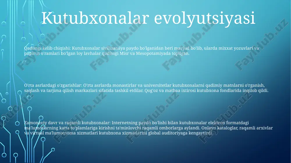 a boshqa materiallarni olish imkonini beradi. ushbu xizmat odamlarga ta'lim, dam olish yoki professional maqsadlar uchun keng ko'lamli o'qish materiallaridan foydalanish imkonini beradi. kutubxonalarda raqamli transformatsiya raqamli resurslar: kutubxonalar o‘z to‘plamlarini elektron kitoblar, audiokitoblar va raqamli arxivlar kabi keng doiradagi raqamli resurslarni o‘z ichiga olgan holda kengaytirmoqda, bu esa homiylarga istalgan joydan ma’lumot olish qulayligini ta’minlaydi. kengaytirilgan xizmatlar: raqamli transformatsiya kutubxonalarga virtual ma'lumotnoma yordami, onlayn o'quv platformalari va shaxsiy tavsiyalar kabi yangi va innovatsion xizmatlarni taklif qilish imkonini beradi, ma'lumotlarga kirishni soddalashtiradi va foydalanuvchilarga moslashtirilgan tajribaga ega bo'ladi. hamkorlikdagi hamkorlik: kutubxonalar texnologiya kompaniyalari, taʼlim muassasalari va jamoat tashkilotlari bilan raqamli xizmatlarni yaxshilash va homiylarga kengroq manbalardan foydalanish imkoniyatini taqdim etish, innovatsiyalar va bilim almashishni ragʻbatlantirish maqsadida hamkorlik qiladi. kutubxonaning ta’limdagi o‘rni ta'lim va hamkorlik uchun joy: kutubxonalar talabalar o'qishlari, tengdoshlari bilan hamkorlik qilishlari, guruh loyihalarida ishtirok etishlari va seminarlar yoki ma'ruzalarda qatnashishlari mumkin bo'lgan qulay va yaxshi jihozlangan joylarni taklif …