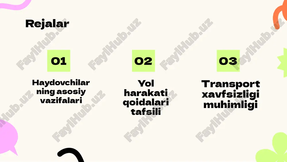 ko'rsatmalar beradi, bu esa yo'lni xavfsiz o'zlashtirishga xizmat qiladi. masalan, qizil chiroq to'xtash, yashil esa harakatlanish kerakligini bildiradi, bu esa baxtsiz hodisalarni kamaytiradi. haydovchilar uchun javobgarlik haydovchilar huquqlari javobgarlik darajalari haydovchilar yo'l harakati qoidalariga amal qilishlari kerak. ularning huquqlari o'z xavfsizligini ta'minlashda muhim ahamiyatga ega. qoidalarni buzgan haydovchilar ma'muriy va jinoiy javobgarlikka tortilishi mumkin. bu, havo va transport xavfsizligini ta'minlash uchun zarurdir. yol harakati xavfsizligi qoidalari yol belgilarining ahamiyati havo vaqti va sharoitlar qoidalar va jazolar yol belgilarini tushunish va ularga rioya qilish haydovchilar uchun muhim. bu belgilar yo'l harakati xavfsizligini ta'minlaydi va tartibni saqlaydi. havo sharoiti harakatga ta'sir qiladi. qurg'oqchil yoki yomg'irli havoda haydovchilar ehtiyotkorlik bilan harakat qilishlari zarur. yol harakati qoidalariga rioya qilmaslik jazo va ogohlantirishlarni keltirib chiqarishi mumkin. har bir haydovchi buni inobatga olishi lozim. haydovchi malakasining oshirilishi haydovchi malakasi ta'rifi malaka oshirishning afzalliklari o'qitishning usullari davlat va jamoat mas'uliyati haydovchi malakasi - bu xavfsiz haydash uchun …