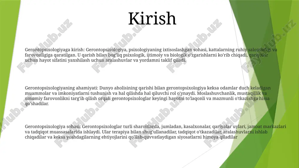 ini har tomonlama tushunish va keksalar uchun moslashtirilgan psixologik tadbirlarni ishlab chiqish muhimligini ta'kidladi. qo'llanilish sohasi: geronopsixologiya qarilik va qarilik bilan bog'liq psixologik, ijtimoiy va kognitiv jarayonlarni o'rganishni o'z ichiga oladi. u yoshga bog'liq o'zgarishlar, aqliy va hissiy farovonlik va qarishning shaxslar, oilalar va jamiyatlarga ta'sirini o'rganadi. maqsadlar: geronopsixologiya:- qarishning psixologik jihatlari va keksalar ehtiyojlarini tushunishni kuchaytirish.- qarish bilan bogʻliq muammolarga duch kelayotgan keksa kattalarga psixologik aralashuvlar va yordam koʻrsatish.- keksalarning farovonligini targʻib qiluvchi siyosat va amaliyotlarni himoya qilish. kattalar. qarishning biologik jihatlari birlamchi qarish: genetik jihatdan aniqlangan va atrof-muhit omillaridan qat'iy nazar yuzaga keladigan yoshga bog'liq o'zgarishlar. ikkilamchi qarish: turmush tarzi, atrof-muhit omillari va kasalliklar ta'sirida yoshga bog'liq o'zgarishlar. qarish: organizmning gomeostazni saqlab qolish qobiliyatining qaytarilmas pasayishi holati, kasallik va o'limga moyillikning oshishiga olib keladi. qarishdagi psixologik o'zgarishlar hissiy o'zgarishlar: yoshimiz o'tishi bilan bizning hissiy tajribamiz o'zgarishi mumkin, bu ijobiy his-tuyg'ularga ko'proq e'tibor qaratish va salbiy his-tuyg'ularning kamayishi bilan …