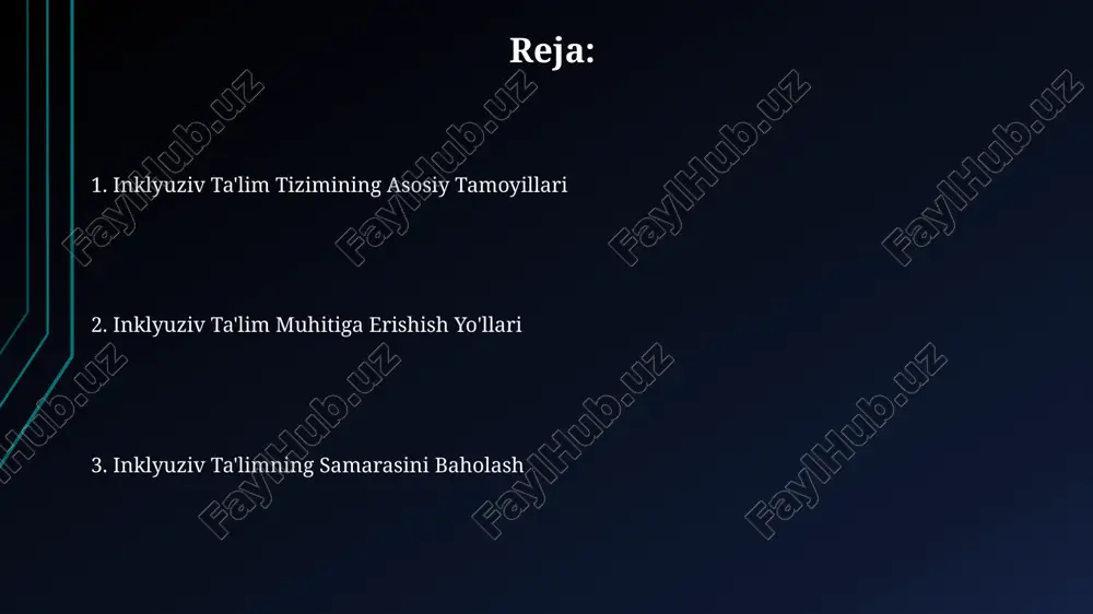 ratishi kerak. oila va jamoatchilikning ishtroki oila va jamoatchilikning maktab hayotining 30% dan ortiq qismiga bevosita ta’siri borligi va ularning qo‘llab-quvvatlashi o‘quvchilarning akademik muvaffaqiyatiga ijobiy ta’sir ko‘rsatishi isbotlangan. inklyuziv ta’lim tizimini rivojlantirishda ota-onalar va mahalliy jamoatchilik bilan hamkorlikni o‘rnatish, kamida 5 ta turli xil strategiyani qo‘llash orqali amalga oshirilishi kerak. oila va jamoatchilikning ishtiroki darajasini baholash uchun, o‘qituvchilar va ma’muriyatchilar tomonidan kamida har yili 2 marta monitoring o‘tkazish va natijalarni tahlil qilish tavsiya etiladi. farqlarni qadrlash va hurmat qilish farqlarni qadrlash, kamida 5 ta turli madaniy kelib chiqishga ega bo'lgan o'quvchilar guruhiga moslashtirilgan o'quv dasturlarini ishlab chiqishni o'z ichiga oladi. ijtimoiy-emotsional o'rganish dasturlari, o'quvchilarning 70% dan ortig'i o'z tengdoshlari bilan munosabatlarida hurmat va qabul qilishni namoyon qilishiga yordam beradi. inklyuziv sinf xonalarida, kamida 3 ta turli o'quv uslublariga moslashtirilgan o'quv materiallari va baholash usullari qo'llaniladi. hamkorlik va o'zaro hamdardlik muhiti o'quv jarayonida kamida 10% vaqtni ijtimoiy-emotsional ko'nikmalarni rivojlantirishga bag'ishlash, o'zaro …