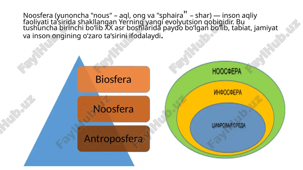 iosferaning n.ga aylanishi ham kuchayib boradi. noosferaning asosiy xususiyatlar insoniyatning global miqyosdagi aqliy faoliyati. ilm-fanning ustuvor roli. ekologik ong va tabiatga ongli munosabat. biosfera → noosfera: o‘tish bosqichlaribiosfera – faqat biologik hayot hukmron (hayvonlar, o‘simliklar).antroposfera – inson faoliyati biosferani o‘zgartira boshlaydi.texnosfera – sanoat va texnologiyalar rivojlanib, atrof-muhitga ta’sir kuchayadi.noosfera – insoniyat tabiat bilan uyg‘un holda, aql bilan harakat qiladi. image1.png image2.png image3.png image4.png image5.png /docprops/thumbnail.jpeg