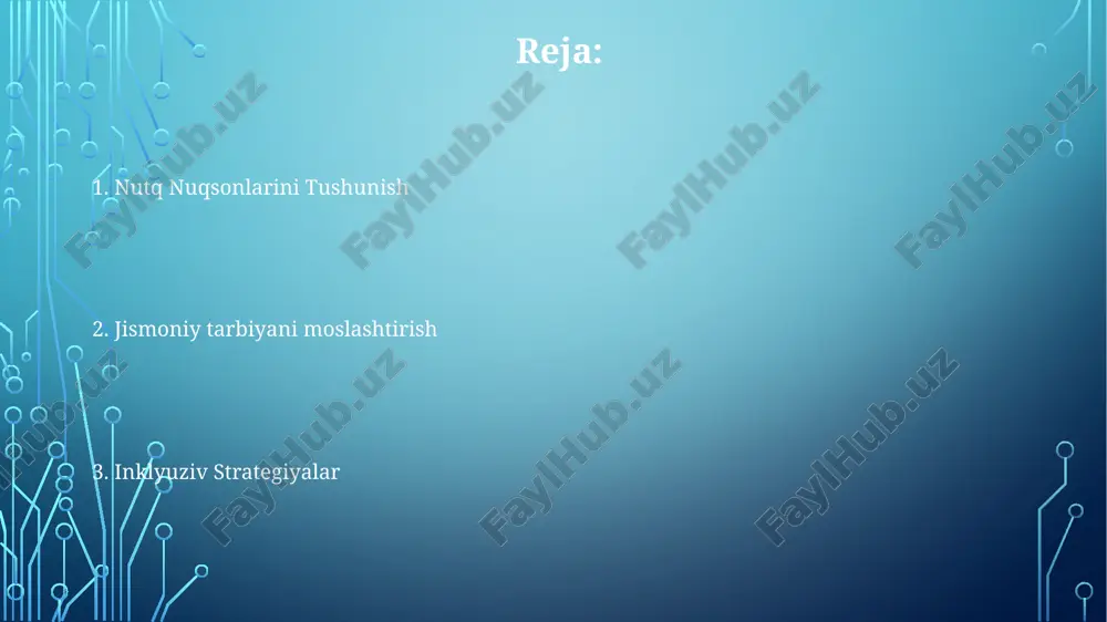 shlariga yordam berishi mumkin. ota-ona va o'qituvchi hamkorligi ota-onalar va o'qituvchilar o'rtasidagi ochiq muloqot bolaning ehtiyojlarini tushunish va samarali strategiyalar ishlab chiqish uchun juda muhim. qatnashishni rag'batlantiradigan va yutuqlarni nishonlaydigan qo'llab-quvvatlovchi va inklyuziv muhit yaratish muhim. tananing harakatlarini nutqdagi muayyan qiyinchiliklarni bartaraf etishga moslashtirish va aniq vizual ko'rsatmalar berish ishtirokni yaxshilaydi. resurslar va yordam tarmoqlari ta'limni qo'llab-quvvatlash xodimlari sinfga moslashtirish va muloqot strategiyalari bilan yordam berishlari mumkin. ota-ona qo'llab-quvvatlash guruhlari aloqa, resurslar va himoya qilishni taqdim etadi. nutq-til pataloglari (ntp) baholash va aralashuvni ta'minlaydi. istiqlol va o'z-o'zini hurmat qilishni oshirish bolalar o'zlarini erkin his qiladigan xavfsiz va qo'llab-quvvatlovchi muhit yarating. kommunikatsiya ko'nikmalarini rivojlantirishga qaratilgan rollarni o'ynash va hikoya aytish kabi faoliyatlarni o'z ichiga oling. yordamchi texnologiya va moslashtirilgan jihozlarni jismoniy mashg'ulotlarda ishtirok etishni osonlashtirish uchun ishlating. inklyuziv sinf xizmatlari nutq nuqsonlari bo'lgan o'quvchilarni o'z ichiga olish va qadrlash uchun tengdosh yordami va hamkorlikni rag'batlantirish. ko'rsatmalarni og'zaki tushuntirishlar bilan birga vizual …