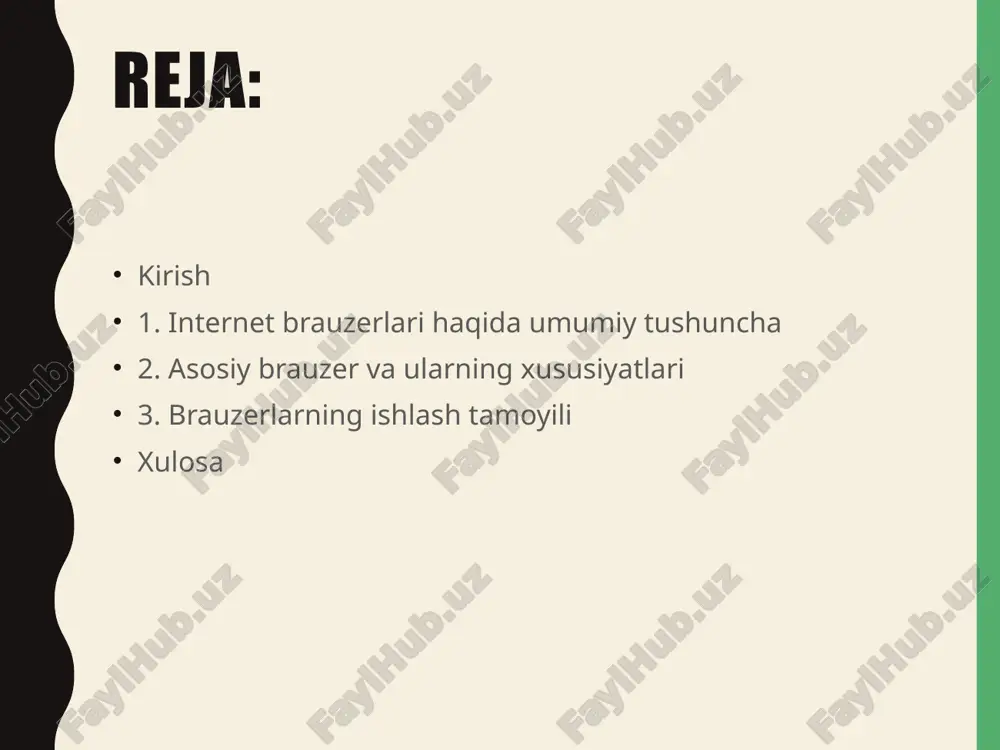 ifani yangilash va orqaga qaytish tugmalari, shuningdek, kengaytmalar va sozlamalar paneli. google chrome 2008 yilda google kompaniyasi tomonidan yaratilgan. tez ishlashi, xavfsizlik darajasi yuqoriligi va kengaytmalar tizimi tufayli dunyoda eng mashhur brauzerga aylangan. kamchiligi — ko‘p xotira (ram) sarflaydi. asosiy brauzer turlari va ularning xususiyatlari mozilla firefox ochiq kodli brauzer bo‘lib, foydalanuvchilar tomonidan erkin o‘zgartirilishi va takomillashtirilishi mumkin. maxfiylik darajasi yuqori, xavfsizlik jihatidan ishonchli. microsoft edge windows tizimiga integratsiya qilingan brauzer. hozirgi versiyasi chromium asosida ishlaydi. tezkor, ishonchli va ishchi kompyuterlar uchun qulay. safari apple kompaniyasi tomonidan ishlab chiqilgan. macos va ios qurilmalarida standart brauzer sifatida ishlatiladi. energiya tejovchanligi bilan ajralib turadi. brauzerlarning ishlash tamoyili brauzerning ishlash jarayoni quyidagi bosqichlardan iborat: 1. foydalanuvchi url manzilni kiritadi. 2. brauzer dns orqali domen nomini ip manzilga aylantiradi. 3. http yoki https protokoli orqali serverga so‘rov yuboriladi. 4. serverdan html, css va javascript fayllar olinadi. 5. brauzer bu fayllarni tahlil qilib (rendering jarayoni), …