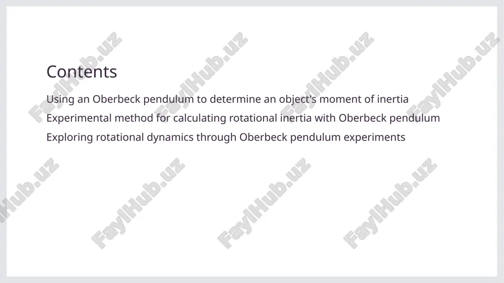 ing multiple cycles for reliable data. mathematical relationship the period depends on the moment of inertia and torsional constants, allowing calculations of the object's inertia through established rotational motion formulas. data analysis methods analyzing multiple period measurements and applying statistical methods improves accuracy, helping to determine the object's moment of inertia with confidence. factors influencing accuracy in moment of inertia measurement via oberbeck pendulum 1 measurement precision - accurate timing of oscillations is essential; small errors in period measurement can significantly affect the calculation of the moment of inertia, reducing overall accuracy. 2 mass distribution - the way mass is spread in the object influences oscillation behavior; uneven distribution causes deviations, impacting the precision of rotational inertia calculations. 3 environmental factors - external influences like air resistance, temperature, and vibrations can alter oscillation periods, thereby affecting the reliability of the measurement results. 4 experimental setup - proper alignment and stable …