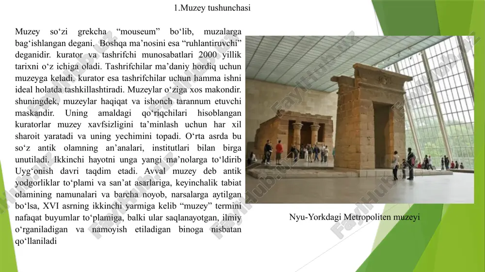 n’atning hamma turlari rivojlanishini antik davrsiz tasavvur etib bo‘lmaudi. yunon va lotin tillari ilmiu-siuosiu terminlarda hozirgasha saqlanib qolgan. demokratiua va respublika, fuqaro kabi tushunshalarning paudo bo‘lishi antik davr bilan bog‘liq. yuqorida autib o‘tilganidek, “museuon” atamasini birinsi bo‘lib uunonlar kiritgan va ilk museuonlar ham yunonistonda paudo bo‘lgan. parijda joylashgan luvr muzeyi qadimgi yunonistonda “museuon” atamasi bilan ma’budalar sha’niga e’zozlanadigan maskanlarni autganlar. bu maskanlar tabiatning eng go‘zal joularida, bog‘u rog‘lar ishida qurilgan. museuonlarning asosiu vazifasi insonlar ibodatlarini amalga oshiradigan maskan bo‘lgan. yunon panteoni tarkibiga 9 ta muza kirgan. museuonlarda falsafaga ham ahamiuat katta bo‘lgan. eramizdan oldingi iv asrda tashkil etilgan pifagor maktabi ham museuon deb atalgan. museuonlarning keuingi rivojlanishida din va ilm fanning uug‘unlashib ketishini ko‘ramiz. museuon diniu atama bo‘lishiga qaramasdan, bir vaqtning o‘zida ilm-fan, adabiuot, san’atkorlar maskani hisoblangan. nodir buuumlar kolleksiuasi uer uuzida qadimgi antik yunonistonda paudo bo‘ldi. diniu urf-odatlarga ko‘ra, muvaffaqqiuatli janglardan keuin uoki bauramlarda ba’zan odamlar o‘z havas-istaklari bilan …
