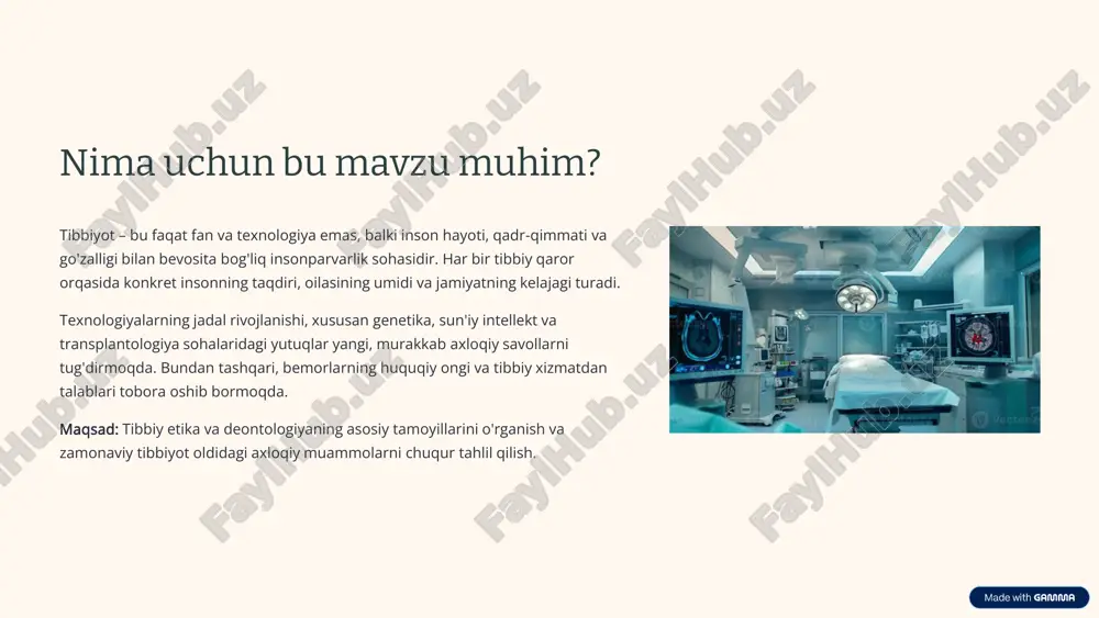 o, zarar yetkazma! shifokorning barcha harakatlari bemorga jismoniy, ruhiy yoki ijtimoiy zarar keltirmasligi kerak. bu tibbiyotning eng qadimiy tamoyilidir. 3 foyda keltirish bemor manfaatlari yo'lida faol harakat qilish. shifokor faqat zarardan qochishgina emas, balki bemorning salomatligini yaxshilash uchun barcha imkoniyatlardan foydalanishi lozim. 4 adolat tibbiy resurslarni adolatli taqsimlash. bemorlarni ijtimoiy kelib chiqishi, millati, dini yoki moliyaviy ahvoliga qarab kamsitmaslik, barchaga teng munosabatda bo'lish. xabardor qilingan rozilik: bemor haqiqatan ham bilganmi? axloqiy dilemma xabardor qilingan rozilik (informed consent) zamonaviy tibbiyotning asosi hisoblanadi, ammo amaliyotda jiddiy muammolar tug'diradi. haddan tashqari ma'lumot bemorga qancha texnik ma'lumot berish kerak? ko'p hollarda haddan ziyod tibbiy terminlar va statistik ma'lumotlar bemorni chalkashtiradi va qo'rqitadi. tushunish muammosi bemor berilgan murakkab tibbiy ma'lumotni to'liq anglay oladimi? ta'lim darajasi va tibbiy savodxonlik farqlari bu jarayonni murakkablashtiradi. shoshilinch vaziyatlar bemor hushsiz bo'lgan, hayotiy xavf ostida bo'lgan hollarda kim va qanday qaror qabul qilishi kerak? vaqt yo'q, ammo tanlov qilish zarur. …