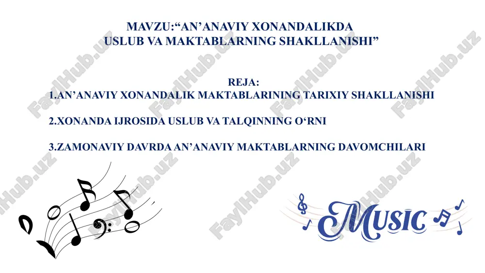 ’iz bo’shlig’i ya’ni ovoz apparatining shakli vertikal holatga moyil bo’ladi. ularda kekirdak bo’rtib chiqqan, bumn tuzilishi esa uzun hamda qirrau bo’ladi. bariton ovoz sohiblarida bu o’ichamlar o’rtacha, tenor ovozi sohiblarida esa og’iz bo’shlig’i shakli gorizantal shaklga moyil bo’ladi. kamdan-kam holatlarda qo’shiqchining ovoz bog’lamchalari bilan ovoz apparati birbiriga mos kelmaydi. ovoz xususiyatlari uslubda ovoz juda qattiq bo’lishi bilan birga past registrlarda sokin ovozga erishish mumkin. bu uslubda ovozning yuqori qismi chegaralangan hisoblanadi, ayniqsa, ayollar uchun. kundalik hayotimizda baqirishimiz bu uslubga misol bo’la oladi. edge - bu usulning xarakteri o’tkir, tajowuzkor, baqiroq, xuddi samolyot tovushi singari. xonandalik san’atida musiqiy eshitish qobiliyati, soz chertib o’ziga jo ’mavozlik qilib kuylash yoki sozandalar jo ’rligida kuylash masalalari ham muhim sanaladi. sozanda va xonandalarda musiqiy eshitish bir biridan bir oz farq qiladi. sozandalar cholg’u sozlaridan taralayotgan kuyni tashqaridan qabul qilishadi. xonadalar o ’zlariga jo ’mavozlik qilayotgan cholg’uchilar yoki o ’zi chertayotgan soz ovozini tashqaridan qabul qilish …