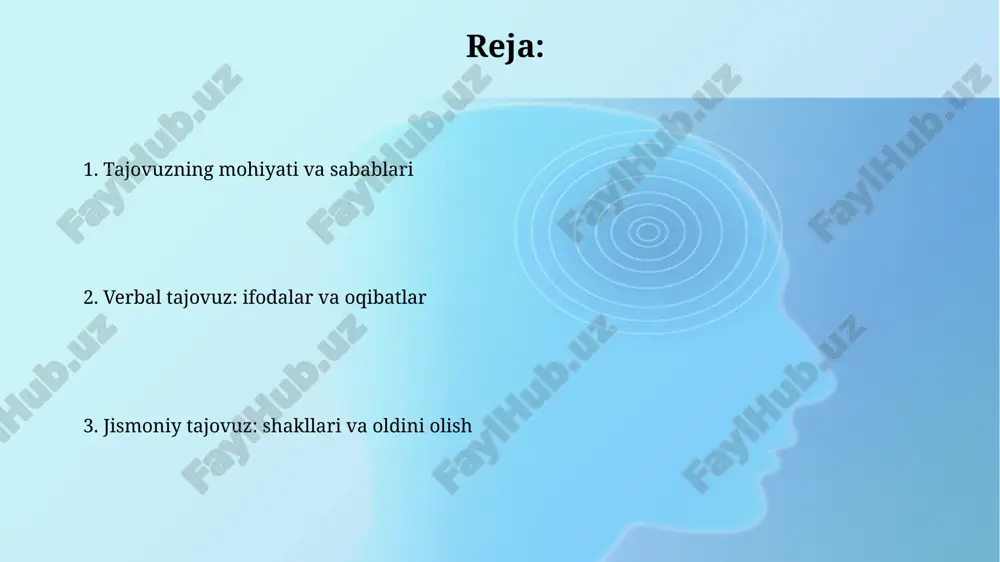 k hissi bilan bog'liq emotsional reaksiyadir. ijtimoiy o'rganish nazariyasi shuni ko'rsatadiki, 80% og'zaki tajovuzkor xatti-harakatlar oilada yoki tengdoshlar orasida kuzatish va taqlid orqali o'rganiladi. og'zaki tajovuzning oqibatlari og'zaki tajovuz, ayniqsa uzoq muddatli bo'lsa, qurbonning ruhiy salomatligiga jiddiy ta'sir ko'rsatishi mumkin, masalan, 30% dan ortiq hollarda depressiya va xavotirga olib keladi. doimiy tanqid va haqoratlar qurbonning o'ziga bo'lgan ishonchini 50% gacha kamaytirishi, ijtimoiy aloqalardan qochish va o'zini izolyatsiya qilish kabi salbiy oqibatlarga sabab bo'lishi mumkin. jismoniy tajovuz: ta'rif va xususiyatlar jismoniy tajovuz - bu boshqa odamga jismoniy zarar yetkazishga qaratilgan har qanday xatti-harakat, masalan, urish, tepish yoki itarish. bu xatti-harakatlar 1dan 100 gacha og'irlik darajasiga ega bo'lishi mumkin. jismoniy tajovuzning asosiy xususiyatlaridan biri - bu jabrlanuvchiga og'riq yoki shikast yetkazish maqsadidir. ushbu tajovuz, odatda, 0 dan katta kuch ishlatishni o'z ichiga oladi va jabrlanuvchiga jismoniy ta'sir ko'rsatadi. jismoniy tajovuzning misollari urish, tepish yoki itarish kabi harakatlar jismoniy tajovuzning yaqqol misollaridir, bunda …