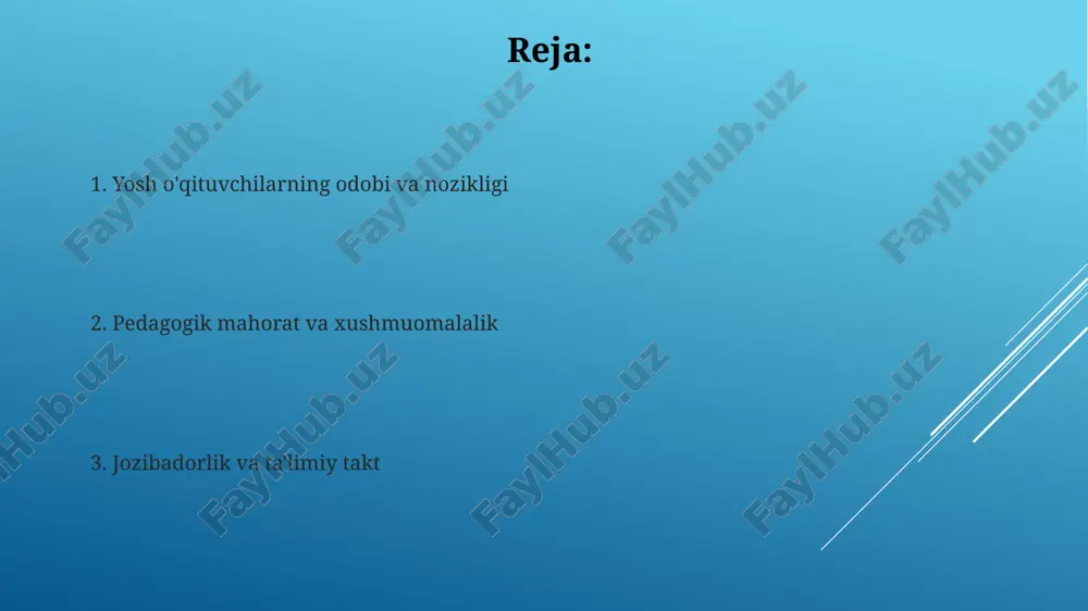 asini taxminan 40-45% ga oshiradi. yosh o'qituvchining noziklik ko'nikmalari yosh o'qituvchilar o'quvchilarga nisbatan hurmat va ehtirom ko'rsatishlari muhim, bu ta'lim sifatini 25% ga oshirishi mumkin bo'lgan nozik munosabatdir. pedagogik takt yosh o'qituvchining 90% muvaffaqiyatini belgilaydi, bu esa har bir o'quvchining individual xususiyatlarini hisobga olishni anglatadi. nazokat: sinfda mehr muhitini yaratish nazokatli yosh o'qituvchilar, sinfda 70-30 qoidasiga amal qilib, 70% ijobiy fikrlarni bildirish orqali mehr muhitini yaratishga intiladilar. yosh o'qituvchilarning nazokati, har bir o'quvchiga individual yondashuvni ta'minlab, ularning 5 ta asosiy ehtiyojlarini qondirish orqali sinfda iliqlik yaratadi. nazokatning ta'limdagi roli nazokat, ta'limda 70% samaradorlikka erishish uchun o'qituvchi va o'quvchi o'rtasidagi hurmatga asoslangan munosabatlarni shakllantiradi. bu 95% talabalarning motivatsiyasini oshiradi. nazokatning ahamiyati pedagogik mahoratning 3 asosiy ko'rinishida namoyon bo'ladi: samimiy muomala, vaziyatga moslashuvchanlik va 100% etika qoidalariga rioya etish. yosh o'qituvchilarning nazokati namunalari yosh o'qituvchilarning nazokati namunasi – har bir o'quvchiga individual yondashuv, ularning 7 turli o'quv uslubini hisobga olgan holda, sabr …