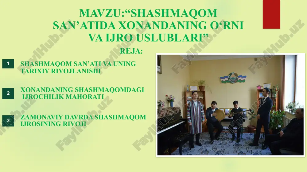 an boshlab, mohir maqom ijrochilari tomonidan ijro etilib kelinmoqda. qadimgi davrdan shu kunga qadar o’zbek an’anaviy musiqasi maqomlarimiz ham og’izdan-og’izga, ustozdan - shogirdga, avloddan-avlodga o’tib kelayotgan mumtoz musiqa sifatida an’anadagi professional (kasbiy) musiqa iborasi ishlatilib kelinmoqda. bu o ’rinda maqomiar xususida gap borar ekan xix asarda shakllangan o’zbek-tojik xalqlarining mumtoz musiqa ijrochiligi hisoblangan “shashmaqom” hamda toshkent-farg’ona va xorazm maqomlari an’anaviy professional musiqa ijrochilik madaniyatining juda ham rivojlanganligi tufayli uzoq o’tmishdan boshlab, mohir maqom ijrochilari tomonidan ijro etilib kelinmoqda. shashmaqom (tojikcha: shashmaqom; forscha: شش‌مقام‎‎; ruscha: shashmakom;) — markaziy osiyo (asosan, oʻzbek va tojik) xalqlari musiqiy merosida markaziy oʻrin tutgan maqomlar turkumi; parda, ohang, usul, shakl, uslub kabi vositalar bilan oʻzaro uzviy bogʻlangan mumtoz kuy va ashulalar majmui. u muayyan shartsharoitlarda musiqiy folklor hamda kasbiy musiqa yoʻnalishlarida orttirilgan koʻp asrlik ilmiy-ijodiy tajriba hamda izlanishlar natijasida yuzaga kelgan. shashmaqom milliy hamda mintaqaviy mumtoz musiqa anʼanalarining tarixan uzun taraqqiyot jarayoni natijasida bir qator bastakorlar …