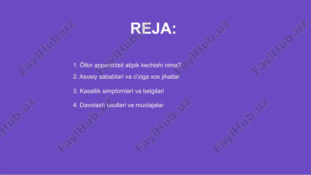 xis va muolaja muhim, shifokorga murojaat qilish tavsiya etiladi. kasallik simptomlari va belgilari õtkir appenditsit atipik kechishi, odatda, shifokorlar tomonidan aniq tashxis va keng qamrovli tekshiruvlar asosida belgilanishi kerak. bu jarayon individual yondashuv talab qiladi. davolash usullari turli xil bo‘lib, fizioterapiya, dorilar va jarrohlik muolajalarini o‘z ichiga oladi. har bir bemor uchun maxsus davolash rejasi ishlab chiqiladi. muolajalar davomida muntazam monitoring va tajribali mutaxassislarning nazorati muhimdir. to'g'ri tashxis va rejali terapiya kechikishni oldini oladi va tiklanishni tezlashtiradi. davolash usullari va muolajalar 01 õtkir appenditsit atipik kechishi xavfini kamaytirish uchun muntazam tibbiy tekshiruvlar va higienaga e'tibor qaratish muhimdir. bu muolajalarni amalga oshirish profilaktikaning asosidir. 02 yallig‘lanishlarning oldini olish uchun tozalikka amal qilish, immunitetni mustahkamlash va zaruriy emlashlarni o‘z vaqtida amalga oshirish tavsiya etiladi. bu strategiyalar xavfni kamaytiradi. 03 shaxsiy gigiena normalariga rioya qilish va xavfli hududlardan uzoq turish profilaktik choralar sifatida muhimdir. bu usullar atipik kechish holatlarini oldini oladi. oldini olish …