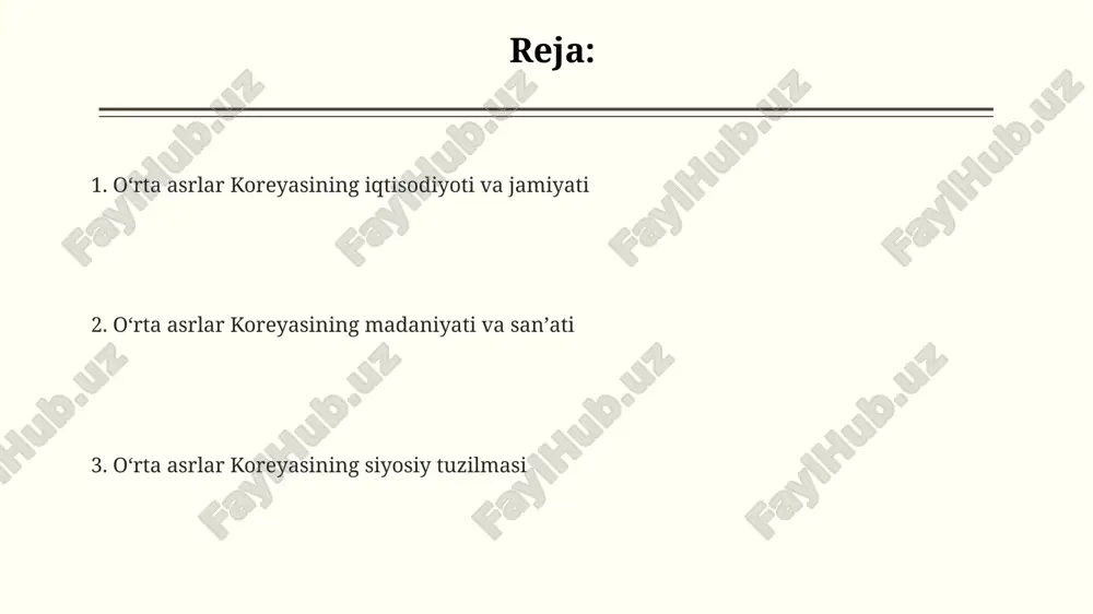 madaniyatida muhim o'rin egallaydi. goryeo davrida (918-1392) xalqaro savdo yo'llari orqali xitoy, yaponiya va janubi-sharqiy osiyo mamlakatlaridan keltirilgan boy materiallar asosida noyob keramika buyumlari, jumladan, seladon va temir qoplamali buyumlar ishlab chiqarildi. 12-asrda goryeo poytaxti kaesongda buddist ibodatxonalari va saroylarni bezashda o'ziga xos uslubdagi 10 000 dan ortiq nafis rasmlar yaratildi, ular asosan tabiat manzaralari va diniy mavzularda bo'lgan. iqtisodiyot va savdo koreyaning ichki savdosi asosan mahalliy bozorlarda amalga oshirilgan bo'lib, 12-asrda pul tizimi rivojlanishi bilan birga, xususan, gyeongju va kaesong shaharlarida yirik savdo markazlari vujudga kelgan. goryeo davrida (918-1392) dengiz savdosi juda rivojlangan edi va 100 dan ortiq savdo kemalari xitoyning janubiy portlariga muntazam ravishda sayohat qilib, katta miqdordagi porselen va choy olib kelgan. 10-14-asrlarda koreya qirolliklarining asosiy savdo yo'nalishlari xitoy (tang sulolasi), yaponiya va janubi-sharqiy osiyo mamlakatlarini o'z ichiga olgan bo'lib, asosan guruch, ipak va keramika kabi tovarlar almashinuvi amalga oshirilgan. siyosiy tuzum va hokimiyat koryo davlatining ma'muriy …