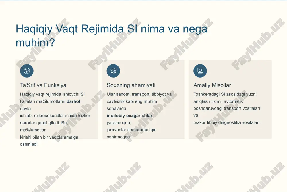 tellekt o»zbekiston sud tizimining samaradorligini va shaffofligini oshirishda muhim rol o»ynamoqda. xarajat kalkulyatori sud xarajatlarini avtomatik hisoblab, fuqarolarga va yuristlarga tezkor ma¼lumot taqdim etuvchi interaktiv vosita. qonun tahlili qonun hujjatlarini real vaqtda tahlil qiluvchi va tegishli normativ- huquqiy bazani taqdim etuvchi platforma. nutqni tanib olish o»zbek tilida sud majlislarini yozib borish va ishtirokchilar ovozlarini ajratish tizimi sud kotiblarining ishini yengillashtiradi. avtomatlashtirilgan qarorlar sud qarorlarini tayyorlash jarayonini standartlashtirish va avtomatlashtirish, bu esa jarayonni tezlashtiradi va xatolarni kamaytiradi. transport va xavfsizlikda haqiqiy vaqt rejimi xavfsizlikni ta¼minlash va transport oqimini optimallashtirish uchun si imkoniyatlaridan maksimal darajada foydalanish. uzface tizimi: toshkent temir yo»l stansiyalari va aeroportlarda joriy qilingan uzface yuzni aniqlash tizimi shaxslarni real vaqt rejimida identifikatsiya qiladi. yo»l monitoringi: yo»l va temir yo»l holatini doimiy monitoring qilish tizimlari orqali xavfsiz harakatlanish ta¼minlanadi. xavfni ogohlantirish: haydovchilarni tezlikni oshirish, charchoq yoki boshqa xavf-xatarlardan avtomatik ogohlantiruvchi yechimlar joriy etilmoqda. favqulodda holatlar: favqulodda vaziyatlarni oldindan aniqlash va …