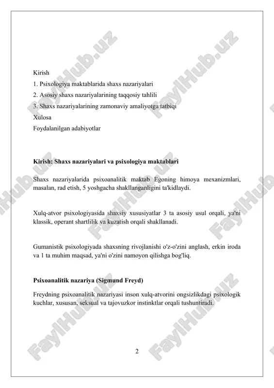 xarakterga ta'sirini ta'kidlaydi, masalan, birinchi farzandlar hokimiyatni saqlashga intiladi, kenja farzandlar esa raqobatbardosh bo'ladi. mukammallikka intilish - bu shaxsiyatning asosiy motivatsiyasi, odamlar kamchiliklarini bartaraf etishga va erta bolalikdagi pastlik tuyg'usini qoplashga intilishadi, 1910-yillarda aniqlangan g'oya. adler shaxsiyatni tushunish uchun ijtimoiy qiziqishning ahamiyatini ta'kidladi, bu esa boshqalar bilan hamkorlik qilish, jamiyatga hissa qo'shish va 1920-yillarda psixologiyaga kiritilgan g'oya. behavioristik nazariya behavioristik nazariya shaxsni kuzatiladigan xatti-harakatlar orqali tushuntiradi, ichki ruhiy jarayonlarni inkor etib, 0 dan 100 gacha bo'lgan baholash tizimini qo'llaydi. bu yondashuv o'rganishning ahamiyatini ta'kidlaydi, ayniqsa klassik va operant shartli reflekslar orqali, misol uchun, 75% muvaffaqiyatga erishish uchun rag'batlantirish zarur. behaviorizm shaxsiyatni shakllantirishda atrof-muhitning rolini ustun qo'yadi, genetik yoki biologik omillarga 25% e'tibor qaratib, xatti-harakatlarni o'zgartirish imkoniyatini ko'rsatadi. gumanistik nazariya (abraham maslou va karl rojers) maslouning ehtiyojlar piramidasi 5 ta bosqichdan iborat bo'lib, fiziologik ehtiyojlar 1-o'rinda turadi, o'zini anglash esa eng yuqori, 5-bosqichda joylashgan. rojersning fikricha, 'mukammal inson' xususiyatlariga ochiqlik, ekzistensial …