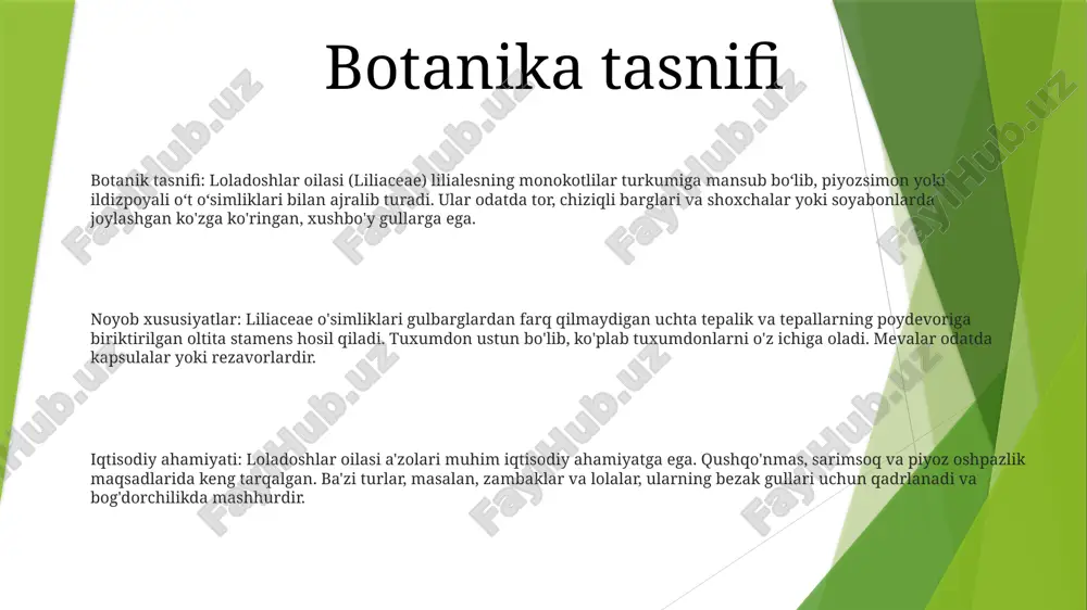 unosabatlar iqtisodiy ahamiyati- manzarali o'simliklar: lolalar, zambaklar, sümbüller- pazandachilikda qo'llanilishi: piyoz, sarimsoq, shingil- dorivor maqsadlarda foydalanish: aloe vera, nilufar- yog'och: ajdar daraxti reproduktiv biologiya reproduktiv moslashuvlar: liliaceae oilasi biseksual, bir jinsli va ikki jinsli turlarni o'z ichiga olgan turli xil reproduktiv moslashuvlarni namoyish etadi. ba'zi turlarda erkak va urg'ochi jinsiy a'zolar bilan gullar, boshqalari esa alohida erkak va urg'ochi gullar yoki shaxslarga ega. changlanish mexanizmlari: liliaceae turlari shamol changlanishi (anemofiliya), hasharotlarning changlanishi (entomofiliya) va qushlarning changlanishi (ornitofiliya) kabi turli xil changlatish mexanizmlarini qo'llaydi. shamol bilan changlanadigan gullar gulchanglarning tarqalish ehtimolini oshirish uchun ochiq stamens va stigmalar bilan kichik, ko'zga tashlanmaydigan gullarga ega bo'ladi. urug'larning tarqalishi: loladoshlar oilasi (liliaceae) oilasi o'simliklarning omon qolishini ta'minlash uchun turli xil urug'larni tarqatish mexanizmlarini ishlab chiqdi. bularga shamolning tarqalishi, suvning tarqalishi va hayvonlarning tarqalishi kiradi iqtisodiy ahamiyati liliaceae o'simliklaridan dorivor foydalanish:- ko'p turlari shifobaxsh xususiyatlarga ega, jumladan, yallig'lanishga qarshi, mikroblarga qarshi va antioksidant ta'sirga ega.- …