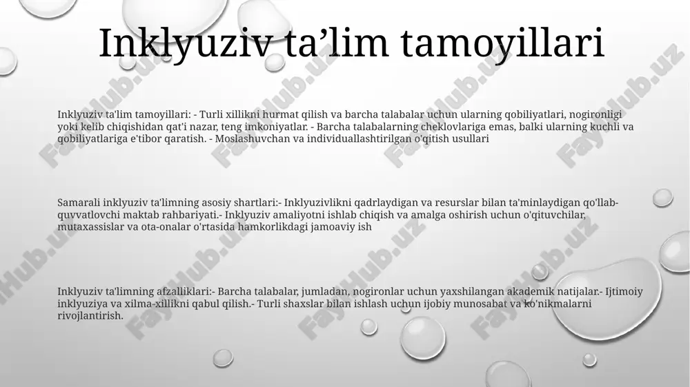 sh uchun amaliy strategiyalarni taklif qiladi, jumladan vakillik, ishtirok etish va baholashning ko'plab vositalarini taqdim etadi. udl tamoyillari: inklyuziv ta'lim muhitini loyihalash uchun uchta asosiy tamoyilni taqdim etadi: vakillik, ishtirok etish va harakat va ifoda. udl ning afzalliklari: udlning nogiron o'quvchilar uchun o'rganishga kirish imkoniyatini oshirish, motivatsiyani yaxshilash va ishtirok etishdagi to'siqlarni kamaytirish kabi afzalliklarini tavsiflaydi. foydalanish mumkin bo'lgan o'quv dasturi va ko'rsatmalar 1: universal design for learning (udl)udl - bu barcha talabalar uchun ularning qobiliyatlari yoki imkoniyatlaridan qat'i nazar, foydalanishi mumkin bo'lgan o'quv muhitini yaratish uchun asosdir 2: differentsiallashtirilgan ta’lim – ta’lim strategiyasi bo‘lib, u har bir o‘quvchining individual ehtiyojlariga mos ravishda o‘qitishni o‘z ichiga oladi. u barcha talabalarning o'rganish va muvaffaqiyatga erishish imkoniyatlarini ta'minlash uchun turli xil o'qitish usullari, materiallari va tadbirlaridan foydalanishni o'z ichiga oladi. 3: hamkorlik va muloqothamkorlik va muloqot inklyuziv ta'lim muhitini yaratish uchun zarurdir. o'qituvchilar ota-onalar, o'quvchilar va boshqa manfaatdor tomonlar bilan birgalikda qulay …