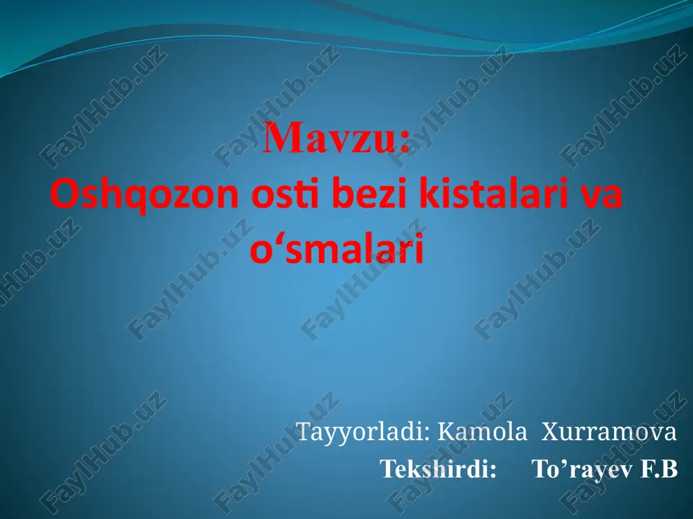 (fistula) — bu organizmdagi ikkita a'zo, yoki bir a'zo bilan tashqi muhit o'rtasidagi anormal kanal. oshqozon osti bezi oqmalari qanday hosil bo'ladi? yaxshi sifatli o‘smalar yaxshi sifatli o‘smalarga adenomalar, fibromalar, lipomalar kiradi. ular sekin o‘sadi, atrof to‘qimalarga ko‘chmaydi, lekin katta hajmda siqish belgilarini keltirib chiqaradi. oqmalar : oqmalarning sabablari o'tkir yoki surunkali pankreatitning og'ir holatlari, oshqozon osti bezi jarohatlari, oshqozon osti bezi saratoni, operatsiyadan keyingi asoratlar. tashqi oqma: oshqozon osti bezi bilan teri o'rtasidagi bog'lanish. oqim yo'llari oqmalari: oshqozon osti bezi bilan o't yo'llari o'rtasidagi bog'lanish. yomon sifatli o‘smalar (saratoni) pankreatik adenokarsinoma eng ko‘p uchraydigan malign o‘smadir. u tez o‘sadi, metastaz beradi va kech aniqlanadi. saratonning klinik belgilari - og‘riq (orqa tomonga tarqaluvchi) - sariqlik - vazn yo‘qotish - qorinning shishishi - holsizlik va ishtahasizlik diagnostika (o‘smalar) - kt va mrt asosiy ahamiyatga ega - endoskopik retrograd xolangiopankreatografiya (erxpg) - biopsiya yordamida histologik tasdiqlash - qon testlari: ca 19-9 marker …