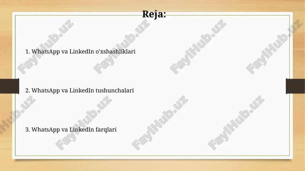 anadi. whatsapp'ning 2 milliarddan ortiq foydalanuvchisi bor, linkedin esa 800 milliondan ortiq professionalni o'z ichiga oladi, ikkalasi ham global miqyosda keng tarqalgan ijtimoiy platformalar hisoblanadi. aloqa vositalari sifatida taqqoslash whatsapp dunyo bo'ylab 2 milliarddan ortiq foydalanuvchiga ega bo'lib, asosan shaxsiy aloqa uchun ishlatiladi, linkedin esa 800 milliondan ortiq professional foydalanuvchisi bilan biznes va ish izlash maqsadlarida qo'llaniladi. whatsapp'da guruh suhbatlari orqali 256 kishigacha bir vaqtning o'zida muloqot qilish mumkin, linkedin esa guruhlar va sahifalar orqali ancha katta miqyosda, ya'ni minglab odamlar bilan muloqot qilish imkonini beradi, bu esa xabarlarni tarqatish samaradorligini oshiradi. marketing imkoniyatlari linkedin’dagi b2b marketingi, ayniqsa, 5000 dan ortiq aloqaga ega boʻlgan profil orqali samarqanddagi it kompaniyasiga 200 ga yaqin potentsial mijozni jalb qildi. whatsapp guruhlari orqali mahalliy darajadagi mahsulotlarni sotish andijon viloyatida 25%ga yaqin foizli oʻsishni koʻrsatdi, bu esa anʼanaviy marketing usullariga nisbatan ancha samarali. whatsapp tushunchasi whatsapp dunyo boʻylab 2 milliarddan ortiq foydalanuvchiga ega boʻlib, ular …