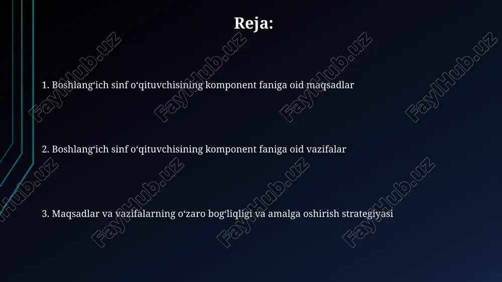 ning 1-4 sinflar davomida 5 ta asosiy bilim sohasi boʻyicha dastlabki bilim va koʻnikmalarini shakllantirishga qaratilgan maqsadga erishadi. ota-onalar bilan hamkorlik o'quvchilarning uy vazifalarini bajarishdagi muvaffaqiyat darajasini baholash, 3 oylik kuzatuv davri mobaynida ota-onalardan kamida 2 marta xabar olish va kerak bo'lganda qo'shimcha pedagogik yordam taklif qilish muhim. ota-onalar yig'ilishini 2 ta mavzuda o'tkazish, ularning fikr-mulohazalarini inobatga olib bolalar rivojlanishi uchun 5 ta konkret takliflarni ishlab chiqish va ularni amalga oshirishni ta'minlash lozim. fanning oʻquv dasturi va uning tarkibi fanning oʻquv dasturi 1-4-sinflarni qamrab oladi va oʻquvchilarning nutqini rivojlantirishga, 20 ga yaqin adabiy asarni tahlil qilishga qaratilgan. fanning oʻzlashtirish darajasi 5 ball shkalasi boʻyicha baholanadi, unda oʻquvchining qoʻllanma bilan ishlash koʻnikmalari va mustaqil fikrlash qobiliyatini baholashga 2 ta mezon ajratiladi. davlat taʼlim standartlariga moslik o‘quv jarayonida davlat taʼlim standartining asosiy tamoyillari, yaʼni milliy g‘oya, umuminsoniy qadriyatlar va 21-asr kompetensiyalarini rivojlantirishga qaratilganligi taʼminlanishi lozim. davlat taʼlim standartlarining 1-4-sinflar uchun o‘quv dasturlari …