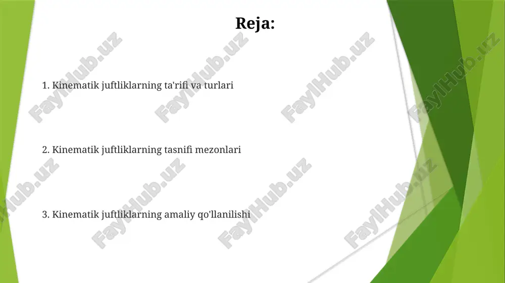 'lanish 1 ta aylanma juftlik hisoblanadi va bu 2 ta qismning nisbiy harakatini cheklaydi. toshkentdagi mashinasozlik zavodlarida 5 turdagi kinematik juftliklarni o'z ichiga olgan murakkab mexanizmlarni loyihalashda, ularning har birining kuch va momentlariga bo'lgan ta'sirini aniqlash muhim ahamiyatga ega. meksika inqilobi davrida ishlatilgan 1910 yildagi mexanizmlarning ko'pchiligida, 2 yoki 3 darajali erkinlik darajasiga ega bo'lgan kinematik juftliklar qo'llanilgan. bu murakkab harakatlarni bajarish uchun muhim edi. amaliy misollar va qo'llanilishi toshkentdagi "uzavtosanoat" zavodida ishlab chiqarilgan traktorlarning gidravlik tizimlarida 3-turdagi kinematik juftliklar, xususan, silindr-piston juftligi keng qo'llaniladi va ularning samaradorligi 90% dan yuqori. avtomobil dvigatelining krank mexanizmi 4 ta kinematik juftlikdan (krank-shatun, shatun-piston va boshqalar) iborat bo'lib, 2000 yildan beri ishlab chiqarilgan ko'plab avtomobillarda qo'llaniladi va harakatni aylanma harakatga o'tkazishda muhim rol o'ynaydi. samarkanddagi mexanizatsiya zavodida ishlab chiqarilgan 5-turi kinematik juftlikli konveyerlar 100 m uzunlikdagi liniyalarda yuklarni o'tkazishda ishlatilib, ish samaradorligini 2 barobar oshiradi. harakat turlari bo'yicha tasniflash samarqanddagi qadimiy suv tegirmonlarida …