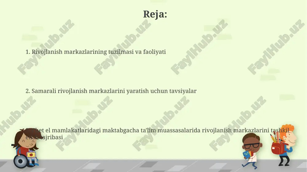 h uchun kamida 5 yillik strategik reja ishlab chiqish va uni 20% ga yillik o'sish ko'rsatkichlari bilan baholash zarur. rivojlantirish markazlarining samaradorligini baholash markaz faoliyatining samaradorligini aniqlashda, kamida 80% ota-onalarning ijobiy fikrlari va bolalarning markazga muntazam tashrif buyurish ko'rsatkichi (90% dan yuqori) muhim ahamiyatga ega. rivojlantirish markazlarining samaradorligi pedagoglarning malakasi, o'quv materiallari sifati va o'quv jarayonining 5 ta asosiy mezonlar bo'yicha baholanishi orqali aniqlanadi. rivojlantirish markazlarini tashkil etishning huquqiy asoslari davlat tomonidan ajratiladigan moliyalashtirish hajmi markazning o'quvchilari soniga va taqdim etiladigan xizmatlar ro'yxatiga bog'liq bo'lib, o'rtacha 1000 aqsh dollarini tashkil qiladi. rivojlantirish markazlarini tashkil etish uchun xorijiy davlatlarda kamida 5 yillik tajribaga ega mutaxassislarni jalb qilish bo'yicha huquqiy me'yorlar mavjud. o'quv dasturlari va o'quv jarayoni o‘quv jarayonida o‘yinlar, amaliy mashg‘ulotlar va ijtimoiy loyihalar kabi 4-5 turdagi faoliyatlar qo‘llanilib, bolalarning kognitiv, ijtimoiy-emotsional va jismoniy rivojlanishiga yordam beradi. rivojlanish markazlarining samaradorligini baholash uchun 10-15 ta ko‘rsatkichdan iborat baholash tizimi qo‘llaniladi, bu erda …