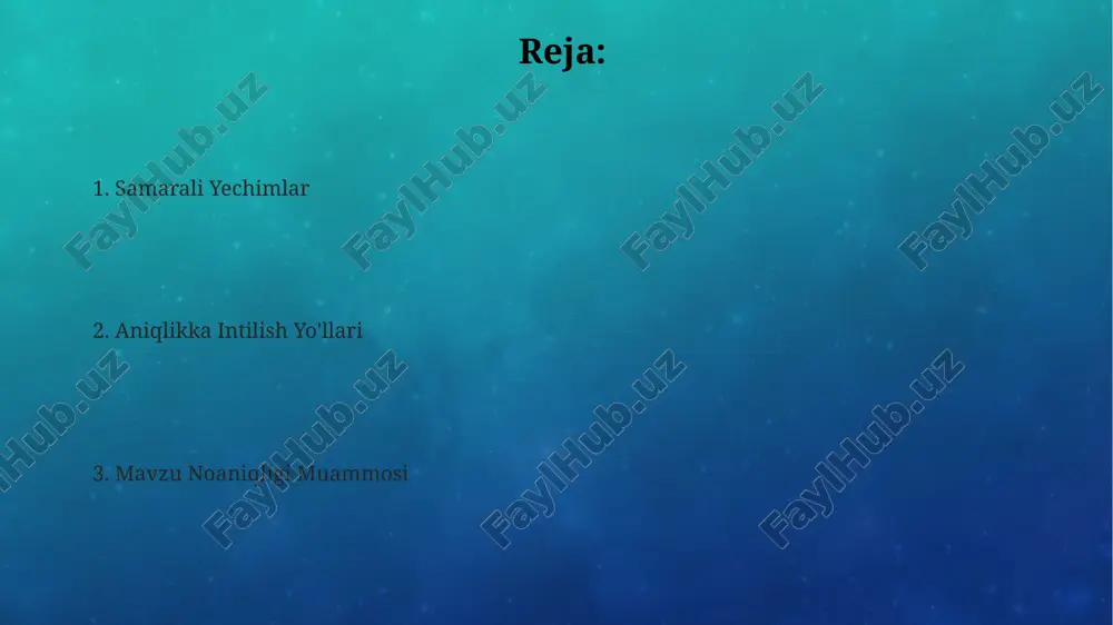 aniqlikni oshirishga yordam beradi. "mavzu noaniqligi muammosi"ni hal qilish uchun kamida 3 ta yondashuv, jumladan, aniq maqsad qo'yish, batafsil reja tuzish va manbalarni tahlil qilish kerak. bu muammoni bartaraf etishga 70% gacha yordam beradi. noaniqlikning sabablari kommunikatsiya jarayonlaridagi kamchiliklar, masalan, noto'g'ri tushunish yoki muloqotning etishmasligi, taxminan 40% hollarda noaniqlikning yuzaga kelishida muhim rol o'ynaydi. noaniqlikning asosiy sabablaridan biri – ma'lumotlarning etishmasligi yoki ularning ishonchliligi pastligi bo'lib, tadqiqot natijalarining 30% gacha aniqsizligini keltirib chiqarishi mumkin. aniq maqsad va vazifalarni belgilamaslik, shuningdek, loyiha rejasi yo'qligi ham noaniqlikka olib keladi, bu esa loyihaning muvaffaqiyatsizlikka uchrash ehtimolini 65% ga oshiradi. muvaffaqiyatli misollar tadqiqot natijalariga ko'ra, “muvaffaqiyatli misollar”da keltirilgan 3 ta biznes modelining 80% dan ortig'i yangi texnologiyalarni joriy etish orqali daromadlarini sezilarli darajada oshirgan. “muvaffaqiyatli misollar”da 2022-yilda 5 dan ortiq yirik kompaniyaning raqamli transformatsiya strategiyasining muvaffaqiyatli amalga oshirilishi tahlil qilingan, bu esa 15% ga yaqin samaradorlik o'sishini ko'rsatdi. loyiha davomida “muvaffaqiyatli misollar”da 10 ta …