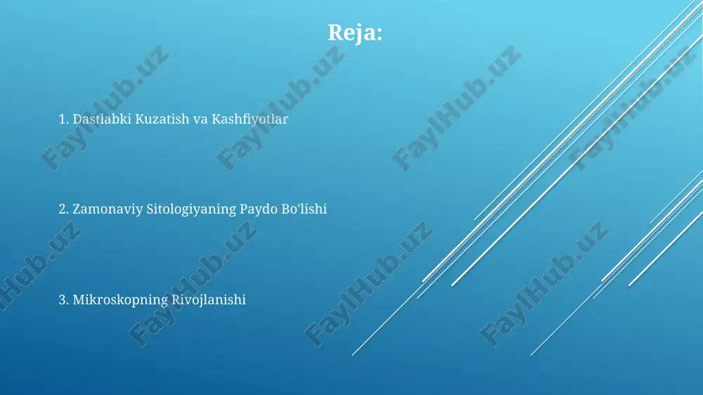 -yilda robert xuk mikroskop yordamida tırtıl hujayralarini kuzatgan. shlayden va shvannning hujayra nazariyasi 1838-yilda shlayden barcha o'simliklar hujayralardan tashkil topganligini taklif qildi. 1855-yilda virxov barcha hujayralar oldingi hujayralardan hosil bo'lishini aytib, hujayra nazariyasini to'ldirdi. 1839-yilda shvan bu g'oyani hayvonlarga ham tatbiq etib, hujayra nazariyasining asosini yaratdi. bo'yash texnikasining rivoji 1831-yilda robert braun oʻsimlik hujayralarida yadro kashf etdi. 1879-yilda valter flemming hujayra bo'linishi paytida xromosoma harakatini tasvirlab berdi. 1665-yili robert huk mikroskop yordamida tirqish hujayralarini kuzatadi. xromosomlarning kashf etilishi 1842-yilda karl nägeli yadro ichida ipsimon tuzilmalarni kuzatgan, keyinchalik ular xromosomalar deb atalgan. 1888-yilda vilgelm valdeyer iplarga o'xshash tuzilmalarni "xromosoma" deb atagan, chunki ular bo'yoqlarni yutish qobiliyatiga ega edi. 1879-yili valter flemming hujayra boʻlinishi paytida xromosomalar harakatini tasvirlab, "mitoʻz" atamasini kiritgan. elektron mikroskopiyasi kelib chiqishi 1838-yilda shleyden va shvan hujayra nazariyasini taklif qilib, barcha tirik organizmlar hujayralardan iboratligini aytishdi. 1879-yilda flemming hujayra bo'linishi davomida xromosomalar harakatini tasvirlab berdi. 1931-yilda ernst ruska va …