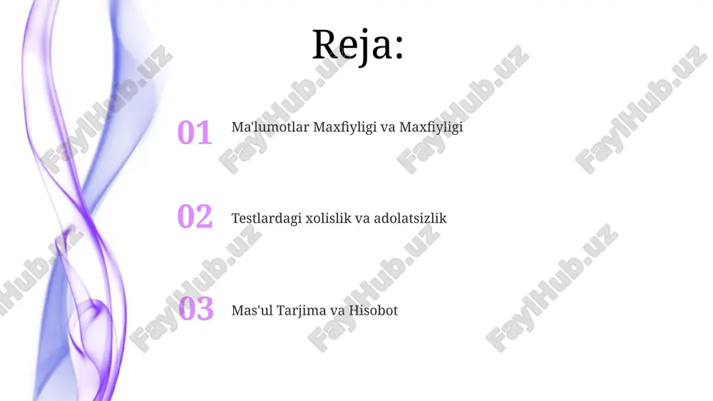 dellari, genetik maslahatga kirish) axloqiy foydalanishni taqozo etadi noto'g'ri ishlatish va noto'g'ri talqin qilishdan saqlanish shaffoflik muhim: test usullari, ishonchlilik, ishonchliligi (masalan, cronbach alfa > 0.7) va potentsial xatolar (masalan, qobiliyat testlaridagi madaniy xatolar)ni barcha manfaatdor tomonlarga (masalan, test topshiruvchilar, tadqiqotchilar, ish beruvchilar) aniq yetkazish kerak notoʻgʻri qoʻllanish: subyektiv talqinlardan saqlaning (masalan, xx asr amerikadagi iq testlari, stanford-binet testining millat ozchiliklariga taʼsiri). notoʻgʻri ifodalanish: test cheklashlarini aniq koʻrsatish (masalan, xatolik chegarasi ±5%, statistik ahamiyatlilik uchun p-qiymati 0,8; o'lchovning standart xatosi (sem); aniqlash koeffitsienti (r²); parallel shakldagi ishonchlilik; baholashchilararo kappa (masalan, insholarni baholashda) testning ishonchliligi (mazmun, mezon, konstruktiv): krounbax alfa >0.7; element-umumiy korrelyatsiyalar; faktor tahlili; bashorat qiluvchi ishonchlilik (masalan, gre gpa ni bashorat qilish); bir vaqtda ishonchlilik (masalan, yangi test va mavjud stenford-binet) natijalarni xabar qilish va qo'llash: standart ballar (z-ballar, t-ballar); persentillar; ishonch intervallari; kamsitmaslik; individual farqlarni hisobga olish (masalan, mayers-briggs shaxsiyat inventarizatsiyasi); madaniy sezgirlik oqibatlari va javobgarlik testlarni ishlab …