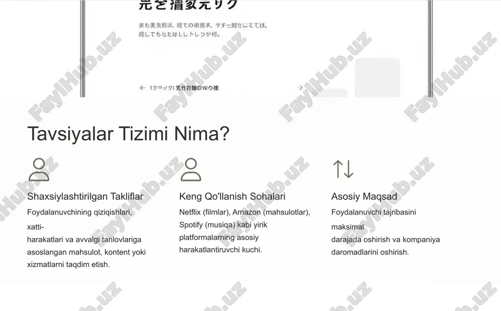 an yangi narsalar topiladi. ishlatiladigan algoritmlar tf-idf (term frequency-inverse document frequency), neyron tarmoqlar (embedding) va qaror daraxtlari. misol: agar foydalanuvchi ko'p "ilmiy fantastika" va "kibernetika" kitoblarini o'qigan bo'lsa, shu janrdagi yangi kitoblar tavsiya qilinadi. matritsa faktorizatsiyasi va chuqur o'rganish katta ma'lumotlar to'plamida tavsiya tizimlarining samaradorligini oshiruvchi kuchli modellar. latent factor modellar (yashirin omil modellar) svd (singular value decomposition) va als (alternating least squares) kabi usullar. foydalanuvchilar va elementlarni past o'lchamli "yashirin" vektorlarga ajratadi. chuqur o'rganish (deep learning) meta dlrm (deep learning recommendation model) yoki two tower kabi arxitekturalar. katta hajmdagi murakkab ma'lumotlardagi nozik aloqalarni tushunishda samarali. zamonaviy yondashuvlar va muammolar texnologik cheklovlar katta ma'lumotlar: tarqatilgan o'qitish (distributed training) yirik massivlarni boshqarish. real vaqt: sekundning bir qismida tavsiyalarni yaratish (inferensiya). asosiy qiyinchiliklar sovuq start (cold start): yangi foydalanuvchi yoki mahsulot uchun yetarli ma'lumot yo'qligi. tushuntirish: nima uchun aynan shu tavsiya berilganini foydalanuvchiga tushuntirish. maxfiylik: shaxsiy ma'lumotlarning xavfsizligi va himoyasi. tavsiyalar tizimining …