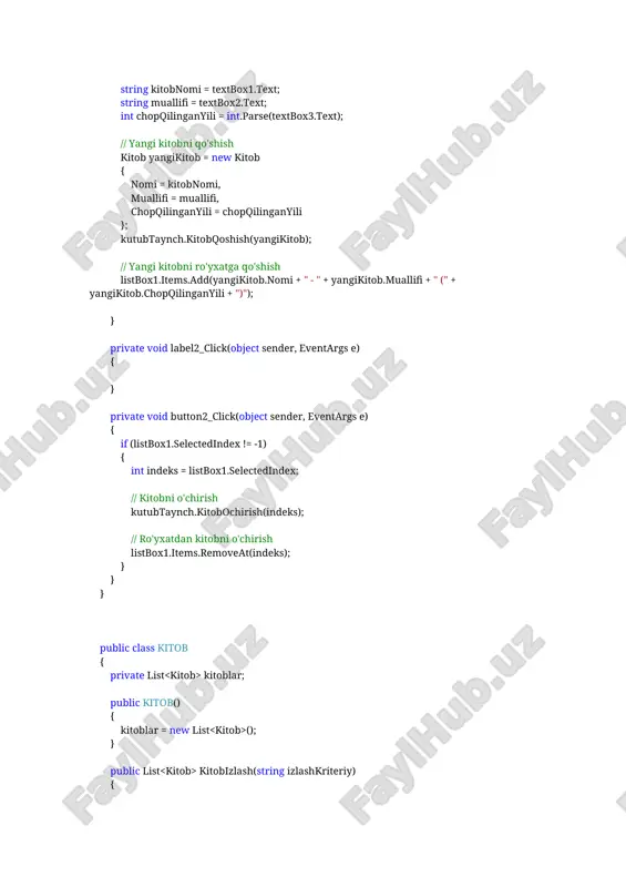 h(indeks); // ro'yxatdan kitobni o'chirish listbox1.items.removeat(indeks); } } } public class kitob { private list kitoblar; public kitob() { kitoblar = new list (); } public list kitobizlash(string izlashkriteriy) { // izlash kriteriy bo'yicha kitobni izlash list topilgankitoblar = kitoblar.findall(kitob => kitob.nomi.contains(izlashkriteriy) || kitob.muallifi.contains(izlashkriteriy) || kitob.chopqilinganyili.tostring().contains(izlashkriteriy)); return topilgankitoblar; } public void kitobqoshish(kitob kitob) { // yangi kitobni qo'shish kitoblar.add(kitob); } public void kitobochirish(int indeks) { // kitobni o'chirish if (indeks >= 0 && indeks = 0; i--) { console.write(coefficients[i]); if (i > 0) { console.write("x^" + i + " + "); } } console.writeline(); } public double calculatepolynomial(double x) { double result = 0; for (int i = degree; i >= 0; i--) { result += coefficients[i] * math.pow(x, i); } return result; } } class chebishev : kop_had { public chebishev(int k) : base(k, calculatechebyshevcoefficients(k)) { } private static double[] calculatechebyshevcoefficients(int k) { double[] coefficients = new double[k + …