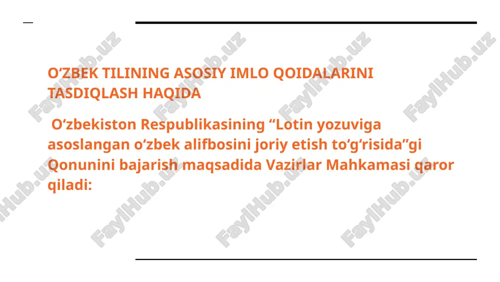 o‘g‘inida o‘ unlisi keladigan so‘zlarning keyingi bo‘g‘inida i aytiladi va yoziladi . 4. u u harfi: 1) uy, kun; buzoq, buloq, buxoro; butun, uchuq, usul, yulduz; mafkura; ko‘zgu, uyqu; aluminiy, yubiley kabi so‘zlarda orqa qator tor unlini ifodalash uchun yoziladi; 5. o‘ o‘ harfi o‘t, o‘q, o‘zbek, o‘simlik, do‘ppi, bo‘tako‘z, semizo‘t, gulko‘rpa, noo‘rin kabi so‘zlarda orqa qator o‘rta-keng unlini ifodalash uchun yoziladi. 6. e e harfi ekin, esla, evara, ekran, eksport; kel, zehn; kecha, behi; telefon, teatr; poyezd, atelye; e’lon, ne’mat, she’r kabi so‘zlarda old qator o‘rta-keng unlini ifodalash uchun yoziladi 7. yonma-yon keladigan unlilar imlosi: 1) unlilar orasiga ba’zan y undoshi qo‘shib aytilsa ham, yozilmaydi. a) ia: material, milliard, radiator; tabiat, shariat kabi; b) io: biologiya, million, stadion, radio kabi; v) ai: mozaika, ukrain, said, maishat kabi; g) oi: alkoloid, ellipsoid, doim, shoir, oila kabi; d) ea: teatr, okean, laureat kabi; b b harfi: 1) bobo, bahor, bir, majbur, …