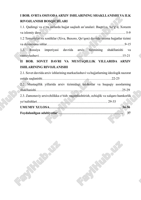 jjatshunos olimlar tomonidan o‘rganilgan. xususan, sovet davrida arxiv tizimi va hujjatshunoslik haqida bir qator ilmiy ishlar yozilgan. o‘zbekistonlik olimlardan h.sodiqov, m.qayumov, i.is’hoqov, t.sultonov, sh.aminov, rus olimlaridan a.bakulin, v.blyum, e.drujininlarning ishlari e’tiborga loyiqdir. mustaqillikdan keyingi davrda esa milliy arxiv tizimining shakllanishi, huquqiy-me’yoriy asoslari va zamonaviy rivojlanish tendensiyalari bo‘yicha tadqiqotlar olib borilmoqda. ammo o‘rta osiyodagi arxiv ishlari tarixining qadimgi davrlardan to zamonaviy bosqichgacha bo‘lgan mukammal va tizimli tahliliga bag‘ishlangan fundamental tadqiqotlar yetarli emas. aynan shu jihat ushbu mavzuning o‘rganilganlik darajasida bo‘shliq mavjudligini ko‘rsatadi. tadqiqotning maqsadi va vazifalari. tadqiqotning asosiy maqsadi — o‘rta osiyoda arxiv ishlarining shakllanishi va rivojlanish bosqichlarini tarixiy nuqtai nazardan chuqur o‘rganish, ularning mintaqa tarixidagi o‘rnini aniqlash va zamonaviy arxiv yuritish tizimi bilan uzviy bog‘liqligini tahlil qilishdan iborat. tadqiqot vazifalari quyidagilardan iborat. · o‘rta osiyoda qadimgi davrlarda arxivga o‘xshash hujjat saqlash tizimlarining mavjudligini aniqlash va ularning tahlilini berish; · o‘rta asrlarda, xususan, temuriylar, xorazmshohlar va mahalliy xonliklar davridagi arxiv ishlarini …