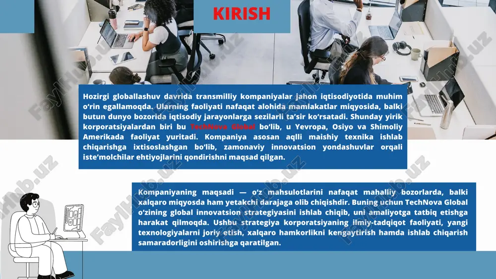 ovatsion siyosat yagona bo‘ladi. kamchiliklari: hududiy bo‘linmalar mustaqilligi cheklanadi. mahalliy ehtiyoj va sharoitlar yetarli darajada hisobga olinmasligi mumkin. qaror qabul qilish jarayoni sekinlashadi. markazlashmagan model afzalliklari: har bir bo‘linma o‘z hududiy ehtiyoj va sharoitlariga mos innovatsiyalar ishlab chiqadi. moslashuvchanlik yuqori. mahalliy bozorlar talablariga tez javob qaytariladi. kamchiliklari: tadqiqotlarning takrorlanishi xavfi yuqori. resurslar tarqoq ishlatiladi. bo‘linmalar o‘rtasida bilim almashinuvi zaif bo‘ladi. innovatsion boshqaruv modellari hub (markaz): global strategiya va prioritetlar r&d moliyalashtirish va ip boshqaruv yagona bilimlar bazasi spoke (hududiy markazlar): mahalliy r&d va tezkor prototiplash bozor ehtiyojiga mos innovatsiyalar hubga tajriba va data yetkazish hub-and-spoke modeli afzalliklari: resurslardan samarali foydalanish global va mahalliy ehtiyojlar uyg‘unligi takroriy tadqiqotlar kamayadi jarayon: idea (spoke) → test/mvp → data (hub) → qaror → global rollout mahalliy g‘oya → sinov → natija → markaziy qaror → global miqyosda chiqarish. raqamli platformalar (bulutli baza, crm): yagona global bilimlar bazasi loyihalarni kuzatish va boshqarish real-time ma’lumot almashinuvi …