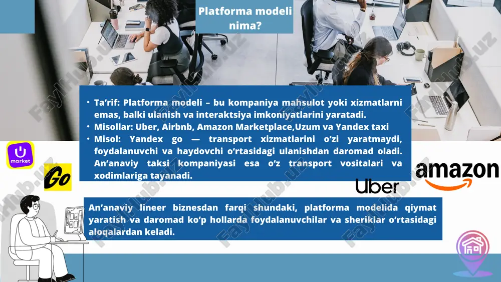 ni boyitadi.. platforma turlari 1.foydalanuvchilar soni (user base) platforma qanchalik ko‘p foydalanuvchiga ega bo‘lsa, tarmoq effekti shunchalik kuchli. misol: uzum market – ko‘proq sotuvchi va xaridorlar platformaning qiymatini oshiradi. 2.ma’lumotlar va tahlil (data & analytics) platforma foydalanuvchi xatti-harakatlarini tahlil qilib, shaxsiylashtirilgan xizmatlar yaratadi. misol: yandex go – foydalanuvchi safar odatlari va xarid ma’lumotlarini tahlil qiladi, taklif va narxlarni optimallashtiradi. 3.tarmoq effekti (network effect) bir foydalanuvchi platformaga qo‘shilganda boshqalar uchun ham qiymat yaratadi. misol: uber yoki yandex go – ko‘proq haydovchi → kutish vaqti qisqaradi → foydalanuvchi qoniqadi. 4.hamkorlar va ekotizim (partners & ecosystem) hamkorlar va uchinchi tomon ishlab chiquvchilar platforma qiymatini oshiradi. misol: uzum marketda sotuvchilar, yandex go’da restoranlar va transport kompaniyalari ekotizim yaratadi platforma qiymatini oshiruvchi asosiy elementlar tarmoq effekti (network effect) ta’rif platforma foydalanuvchi soni ortishi bilan, har bir yangi foydalanuvchi mavjud foydalanuvchilar uchun qiymat yaratadi. qanchalik ko‘p foydalanuvchi bo‘lsa, platforma shunchalik qimmat va foydali bo‘ladi. tarmoq effekti …