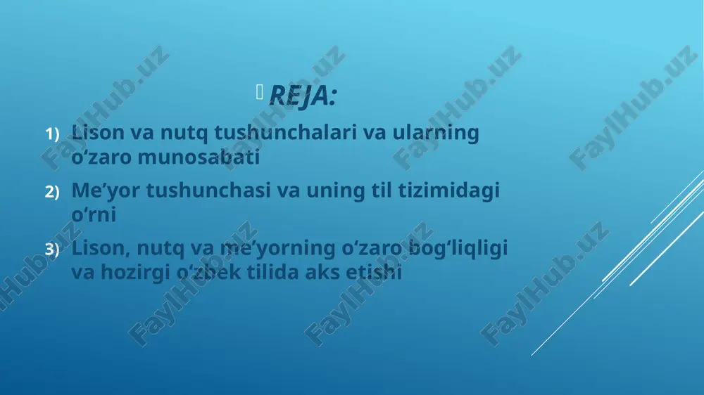qabul qilingan shakllaridir. me’yorlar tilni tartibga soladi, uning adabiy, madaniy va rasmiylik darajasini saqlab turadi. o‘zbek tilida til me’yorlari asosan quyidagi ko‘rinishlarda mavjud: fonetik me’yorlar – tovushlarning talaffuzdagi normalari (masalan: “kitob” [kitob], “xalq” [xalq]) leksik me’yorlar – so‘z tanlashda to‘g‘ri variantlardan foydalanish (masalan: “makon” so‘zining “joy” o‘rnida ishlatilishi uslubga qarab aniqlanadi) grammatik me’yorlar – so‘z yasalishi, so‘zlar bog‘lanishi, gap tuzilishi (masalan: “men bormoqchiman” – to‘g‘ri; “men boramanchi” – og‘zaki nutq uchun xos) imlo va punktuatsiya me’yorlari – yozuvdagi qoidalar uslubiy me’yorlar – rasmiy yoki norasmiy uslubga qarab so‘z tanlovi me’yorlar adabiy til doirasida aniqlanadi va asosiy mezon sifatida xizmat qiladi. nutqning turlari: og‘zaki nutq (so‘zlashuv, ma’ruza, suhbat) yozma nutq (maqola, xat, ilmiy ishlar) ichki nutq (insonning o‘z-o‘zi bilan fikr almashuvi) monologik nutq (bir kishining izchil nutqi) dialogik nutq (ikki yoki undan ortiq kishining suhbatdoshlik nutqi) bugungi kunda hozirgi o‘zbek adabiy tili taraqqiyoti jarayonida lison, nutq va me’yor o‘rtasidagi bog‘liqlik ayniqsa …