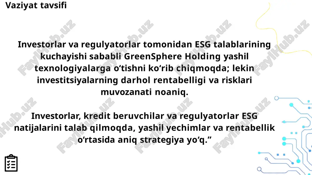 lardan oqilona foydalanish. moliyaviy yondashuv – portfel modeli “greensphere’ning moliyaviy yondashuvi portfel modeli asosida quriladi. core projects: tezda natija beradigan va samaradorlikni oshiradigan loyihalar, masalan energiya tejamkor uskunalar. transformational projects: strategik ahamiyatli, uzoq muddatda katta foyda keltiruvchi yashil texnologiyalar, masalan smart grid yoki qayta tiklanuvchi energiya parklarini qurish. experimental projects: startaplar va kichik pilot loyihalar orqali innovatsiyalarni sinab ko‘rish. bu yondashuv risk va foydani muvozanatda ushlab turishga yordam beradi.” loyihalarni tanlashda risk va foydani birgalikda baholash muhim. moliyaviy mezonlar – roi, npv va irr ko‘rsatkichlari yordamida investitsiya samaradorligi hisoblanadi. , esg mezonlari baholanadi: masalan, karbon izining kamayishi, yangi ish o‘rinlari yaratilishi va governance talablariga mosligi. ” risk – foyda baholash ssenariy tahlil qilinadi — optimistik, konservativ va realistik variantlarda loyiha natijalari oldindan ko‘rib chiqiladi. bu yondashuv orqali risklar minimallashtiriladi va foyda barqaror taqsimlanadi. “greensphere innovatsiyalarni moliyalashtirishda bir necha manbalardan foydalanishi mumkin. birinchi yo‘nalish — green bonds, ya’ni yashil obligatsiyalar chiqarish. …