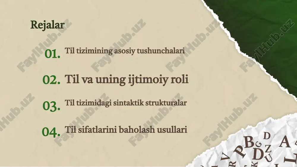 maradorligini oshiradi. til va madaniyat o'rtasidagi bog'lanish til va madaniyat o'rtasida yaqindan bog'lanish mavjud. til, madaniyatni ifodalash va saqlash vositasi sifatida xizmat qiladi. madaniyat til orqali o'zining an'analarini, qadriyatlarini va qoidalarini avloddan avlodga o'tkazadi. til, shuningdek, ko'plab madaniy elementlarni tushunishga yordam beradi. masalan, biror xalqning urf-odatlari yoki adabiyoti, o'sha xalqning tilida ifodalanadi. bu bog'lanish, til orqali madaniyatni yaxshiroq anglash imkonini beradi. 02. 03. 01. til va madaniyat o'rtasidagi bog'lanish madaniyat va til aloqasi til madaniyatni ifodalaydi til va madaniyat bir-birini to'ldiradi. har bir til o'zining madaniyati va tarixini o'zida aks ettiradi, bu ko'plab an'analar va qadriyatlarni saqlaydi. til madaniyatni ifodalash vositasi sifatida xizmat qiladi. u jumladan, urf-odatlar, san'at va badiiy adabiyot orqali millatning o'zini ko'rsatadi. tilning ijtimoiy identifikatsiyadagi o'rni til va millat ijtimoiy guruhlar o'zlikni anglash til, millatning asosiy belgisi hisoblanadi. ularning madaniyati va tarixini aks ettiradi, shuningdek, milliy birligini mustahkamlashga yordam beradi. til, ijtimoiy guruhlarning o'zaro aloqalarini va o'zaro …