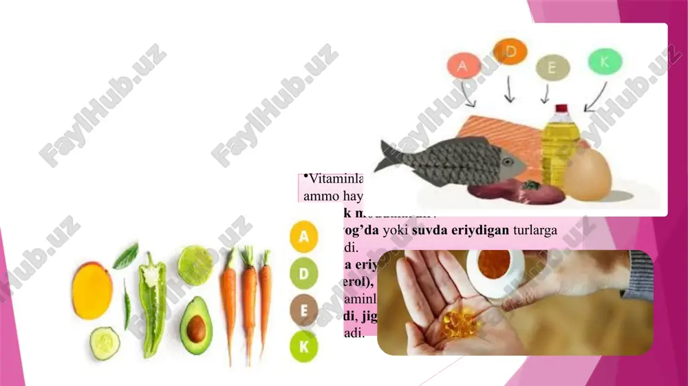 aliq yog‘i suyak mustahkamligi raxit e o‘simlik moyi, yong‘oq antioksidant, yurak mushak zaifligi k yashil sabzavotlar qon ivishi qon ketish solishtiruv jadvali xulosa yog’da eriydigan vitaminlar organizmning normal faoliyati uchun zarur. ular moddalar almashinuvi, immunitet, suyak, ko‘rish, qon aylanishi uchun muhimdir. ularni me’yorida iste’mol qilish sog‘lom hayotning asosi hisoblanadi. “sog‘lom turmush = vitamin balansida!” image1.png image2.png image3.png image4.png image5.png image6.jpeg image7.png image8.jpeg image9.png image10.png image11.png image12.png image13.png image14.png image15.png image16.png image17.png image18.png image19.jpeg image20.png /docprops/thumbnail.jpeg