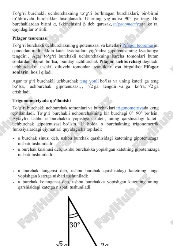 tushuniladi: tgα=ba · α burchak kotangensi deb, ushbu burchakka yopishgan katetning uning qarshisidagi katetga nisbati tushuniladi: ctgα=ab bir burchagi 30° boʻlgan toʻgʻri burchakli uchburchak agar toʻgʻri burchakli uchburchakning bir burchagi 30° boʻlsa va uning qarshisidagi katet a ga teng boʻlsa, sin30° = 12 boʻlgani sababli uchburchak gipotenuzasi 2a ga teng. cos30 boʻlgani sababli, uchburchakning ikkinchi kateti 3a ga teng. tashqi va ichki chizilgan aylana radiuslari toʻgʻri burchakli uchburchakning katetlari a va b, gipotenuzasi esa c boʻlsin. u holda, unga ichki chizilgan aylana radiusi r quyidagi formula orqali topiladi: r=a+b−c2unga tashqi chizilgan aylana radiusi r ushbu formula bilan topiladi: gipotenuzaga tushirilgan mediana toʻgʻri burchakli uchburchak gipotenuzasiga tushirilgan mediana gipotenuzaning yarmiga tengdir: mc=c2 gipotenuzaga tushirilgan balandlik toʻgʻri burchakli uchburchak gipotenuzasiga tushirilgan balandlik va u ajratgan proyeksiyalar toʻgʻri burchakli uchburchak gipotenuzasiga balandlik tushirilganda, balandlik ajratgan kesmalar katetlarning proyeksiyalari deb atadi. rasmda, pp– bu rr katetning gipotenuzadagi proyeksiyasi, qq esa, ss katetning gipotenuzadagi proyeksiyasi. …