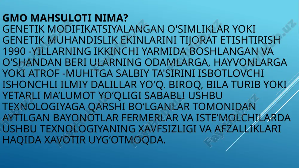 rindoshlariga o‘tib ketishi. insektlarga yoki mikroorganizmlarga ta’sir — zararkunandalarga chidamli gmo turlar foydali hasharotlarga ham zarar yetkazishi mumkin. pestitsidlar va herbitsidlarga bog‘liqlik — ayrim gmolar herbitsidlarga bardoshli bo‘lgani uchun ularni ortiqcha ishlatishga sabab bo‘ladi. 3. iqtisodiy va ijtimoiy xavflar kichik fermerlarning iqtisodiy zarar ko‘rishi — gmo urug‘lari ko‘pincha patentlangan bo‘ladi, bu esa urug‘ni har yili qayta sotib olish majburiyatini yuklaydi. bozor nazoratining yirik kompaniyalarda to‘planishi — oziq-ovqat xavfsizligiga salbiy ta’sir ko‘rsatadi. gmo mahsulotlarni etiketkalash masalasi — iste’molchi o‘z tanlovini ongli ravishda qilishi uchun yetarli ma’lumotga ega bo‘lishi zarur 4. xavflarni baholash jarayoni laborator tahlillar – toksiklik, allergiklik, kimyoviy tarkib o‘zgarishlarini aniqlash. biologik sinovlar – hayvonlarda uzoq muddatli ta’sirlarni o‘rganish. ekologik monitoring – atrof-muhitdagi o‘zgarishlarni kuzatish. qonuniy baholash va ruxsat berish – har bir yangi gmo mahsuloti uchun maxsus xavfsizlik ekspertizasi o‘tkaziladi (masalan, fao/who ko‘rsatmalari asosida). 4. oziqaviy qiymatning o‘zgarishi gmo ozuqalarda vitaminlar, oqsil, yog‘ yoki uglevodlar miqdori o‘zgarib ketishi mumkin. …