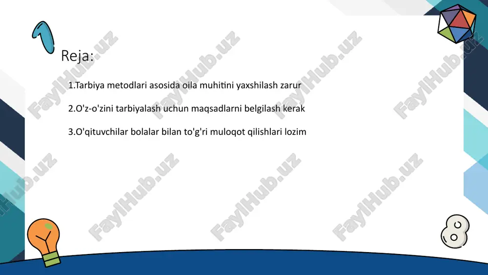adi bolalar bilan o'yin orqali tarbiyalash usullari qo'llanilishi kerak • o'yin va rivojlanish - o'yin jarayoni bolalarning kognitiv rivojlanishiga yordam beradi. o'yin orqali ularda mantiqiy fikrlash va muammolarni hal qilish qobiliyatlari shakllanadi. • ijtimoiy qobiliyatlar - bolalar o'yin orqali ijtimoiy muloqot ko'nikmalarini rivojlantiradilar. ular hamkorlik, do'stlik va boshqa qobiliyatlarni o'zlashtiradilar. • emotsional rivojlanish - o'yinlar bolalarning emotsional holatini yaxshilashga yordam beradi. ular o'z his-tuyg'ularini anglab, boshqalar bilan ulashishni o'rganadilar. • yaratuvchanlik va fantaziya - o'yinchilik jarayoni bolalarda yaratuvchanlikni oshiradi. har xil rollarda o'ynash orqali ular hayol dunyosini boyitishadi. yoshlarni ijtimoiy faoliyatlarga jalb qilish tarbiyani kuchaytiradi • ijtimoiy faoliyatlarning ahamiyati - yoshlarni ijtimoiy faoliyatlarga jalb qilish ularning ijtimoiy ma'naviy rivojlanishida muhim rol o'ynaydi. • ta'limni mustahkamlash - ijtimoiy faoliyatlar yoshlarning bilim va ko'nikmalarini kengaytirish imkonini beradi. tarbiya metodlarini o'zgartirish vaqt o'tishi bilan zarur • metodlarni yangilash zarurati - zamonaviy ta'lim tizimida yangiliklar va o'zgarishlar doimiy ravishda yuz berib turadi • o'quvchilarning …