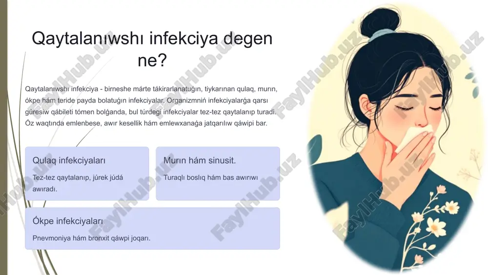 ignalı. eger siz yaki jaqın shańaraǵıńız usı belgilerge dus kelse, dárhal shıpakerge xabarlasıw zárúr: respirator infeksiyalari tez-tez hám uzaq dawam yetetuǵın pnevmoniya (jıl dawamında 2 den artıq), bronxit, sinusit hám azanda artatuǵın dem alıw jolları kesellikleri. ápiwayı bolmaǵan infekciyalar salamat adamda siyrek ushraytuǵin organizmlerdiń payda boliwi, misalı: pcp, tuberkulyoz yamasa opportunistlik fungal infekciyalar. emlewge qıyın juwap antibiotiklerge juwap bermeytuǵın yamasa qayta-qayta qaytalanıwshı infekciyalar, iv kurs talap yetetuǵın awır kesellikler. dermatologik mashqalalar tez-tez teri infekciyaları, urna kesellikleri hám qulaq infekciyaları qaytalanadı. 4 belgiler hám diagnoz qaytalanıwshı joqarı dem alıw jolları infekciyaları, uzaq dawam yetetuǵın temperatura hám teri isiniwleri tiykarǵı belgiler. immunitet jetispewshiligin anıqlaw ushın qan analizleri, immunoglobulin dárejesi, allergolog hám immunolog tekseriwleri talap etiledi. ózbekstanda immunitet jetispewshiligin anıqlawda keshigiwler kóp ushırasadı, bul bolsa keselliktiń awırlasıwına alıp keledi. klinik belgiler tez-tez isitmalaw ókpe infekciyaları teri asqınıwları diagnostika usıllari immunoglobulin sani t-kletka sanı immunolog tekseriwleri diagnoz mashqalaları kesh anıqlaw sheklengen resurslar ózbekstanda laboratoriyalar …